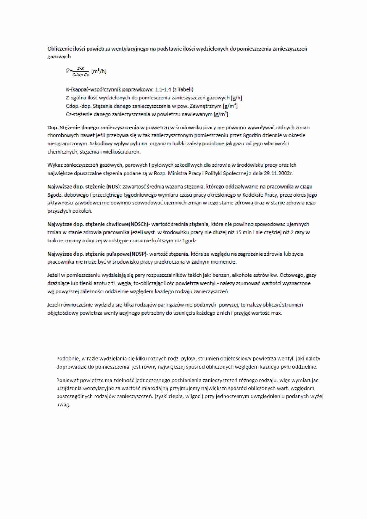 Obliczanie ilości powietrza wentylacyjnego na podstawie ilości wydzielonych do powietrza zanieczyszczeń gazowych-opracowanie - strona 1