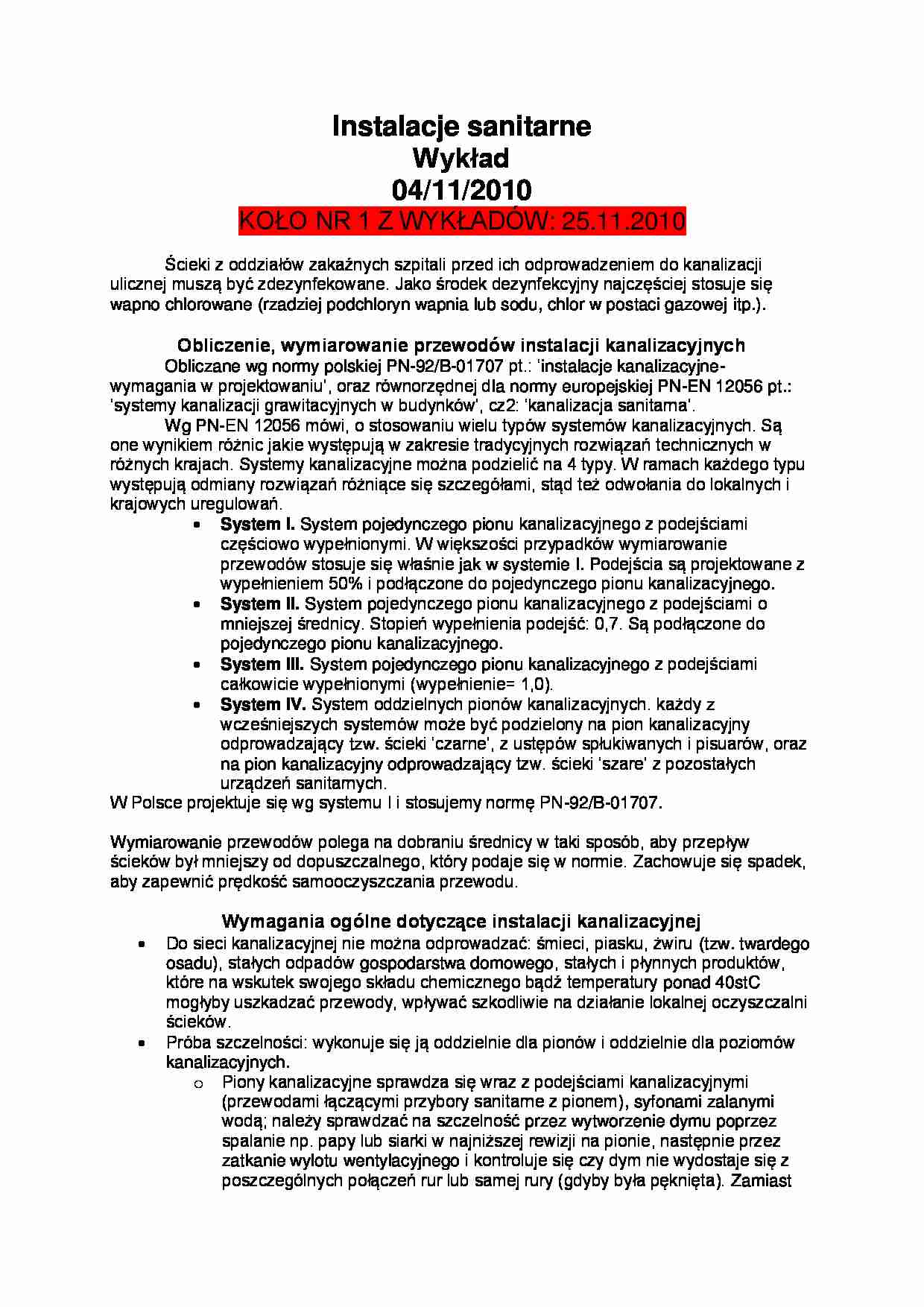 Obliczenie, wymiarowanie przewodów instalacji kanalizacyjnych - strona 1