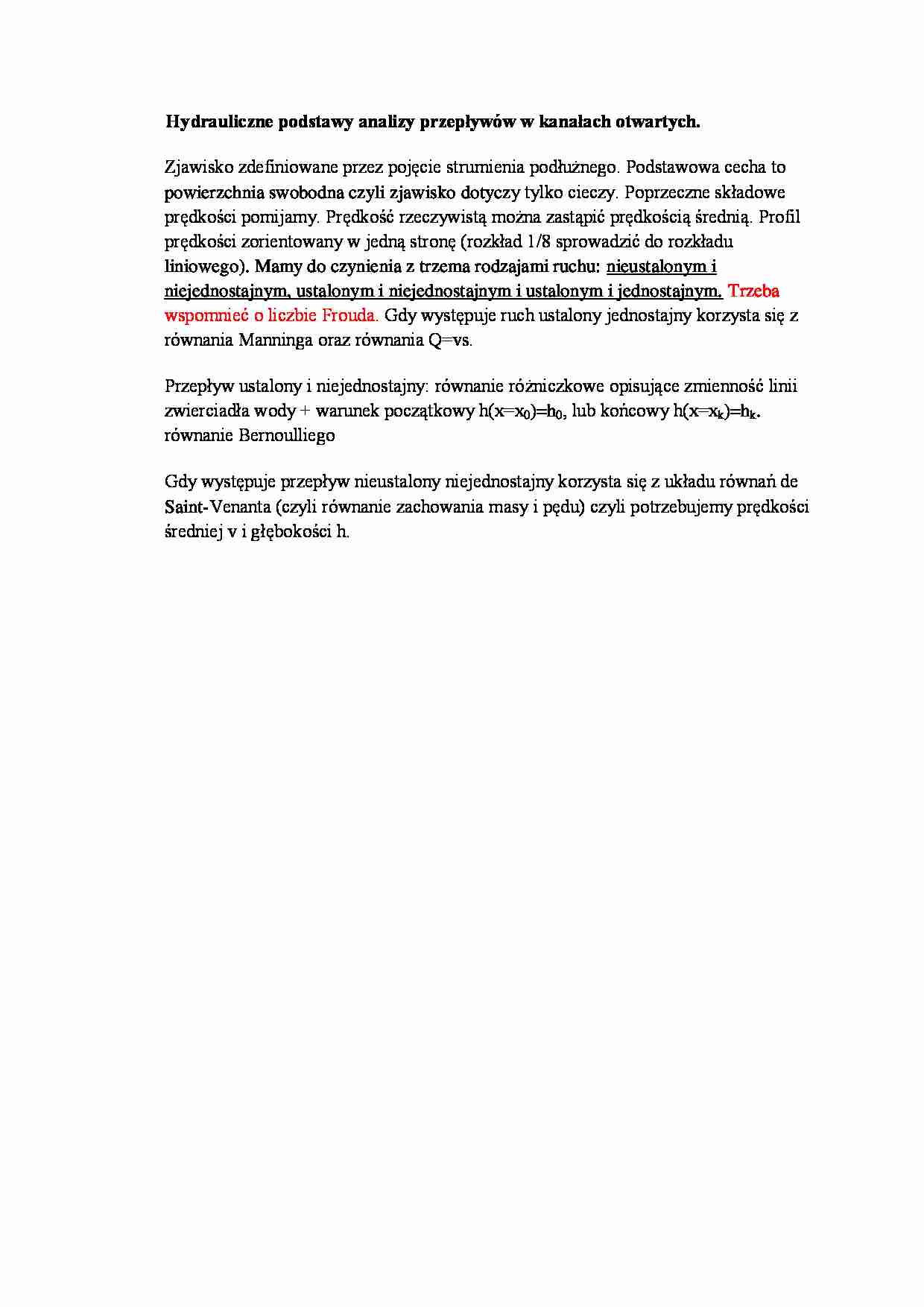 Hydrauliczne podstawy analizy przepływów w kanałach otwartych - strona 1