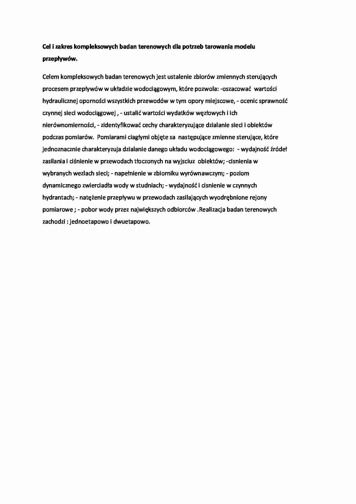 Cel i zakres kompleksowych badan terenowych dla potrzeb tarowania modelu przepływów - strona 1