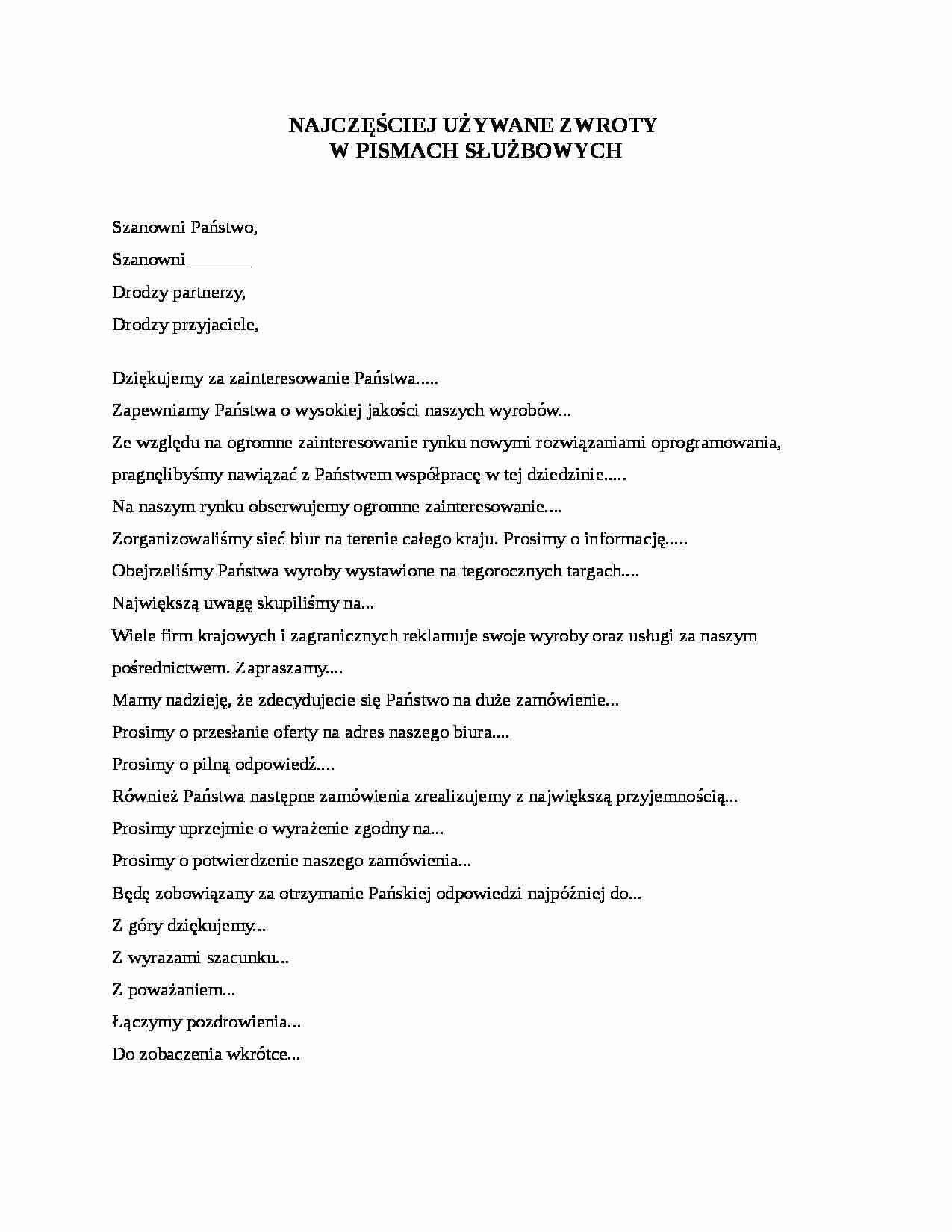 Najczęsciej używane zwroty w pismach służbowych - strona 1