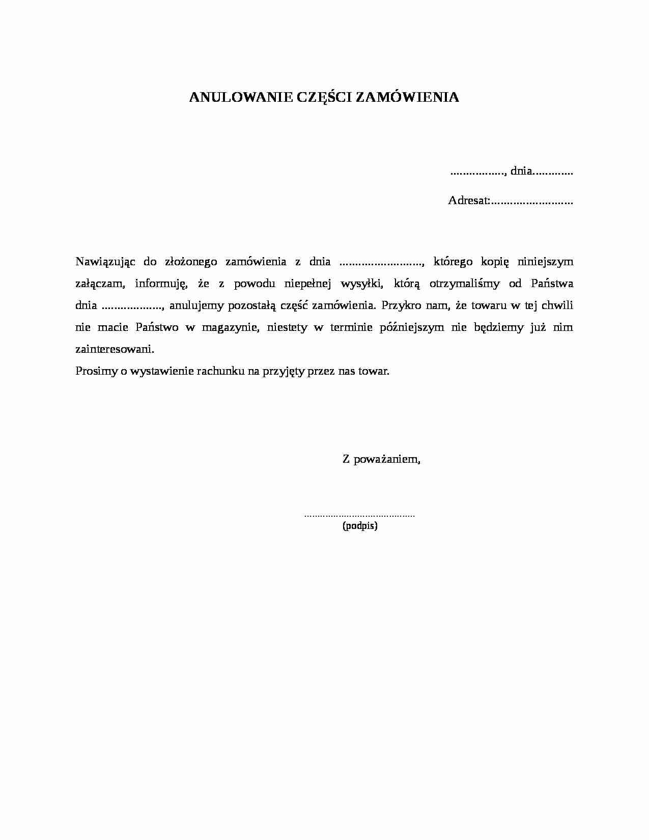 Wzór pisma-Anulowanie części zamówienia - strona 1