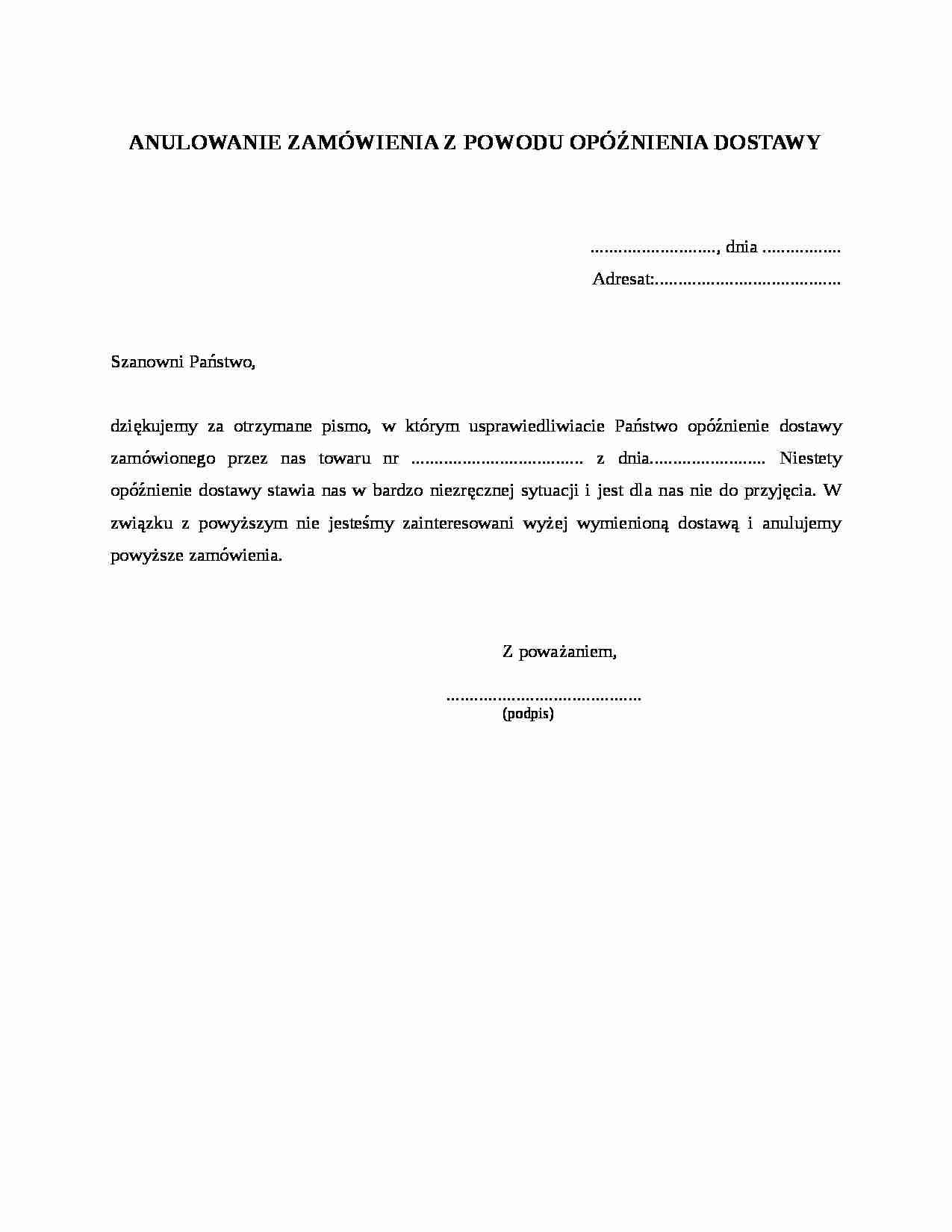 Anulowanie zamówienia z powodu opóźnienia dostawy - strona 1