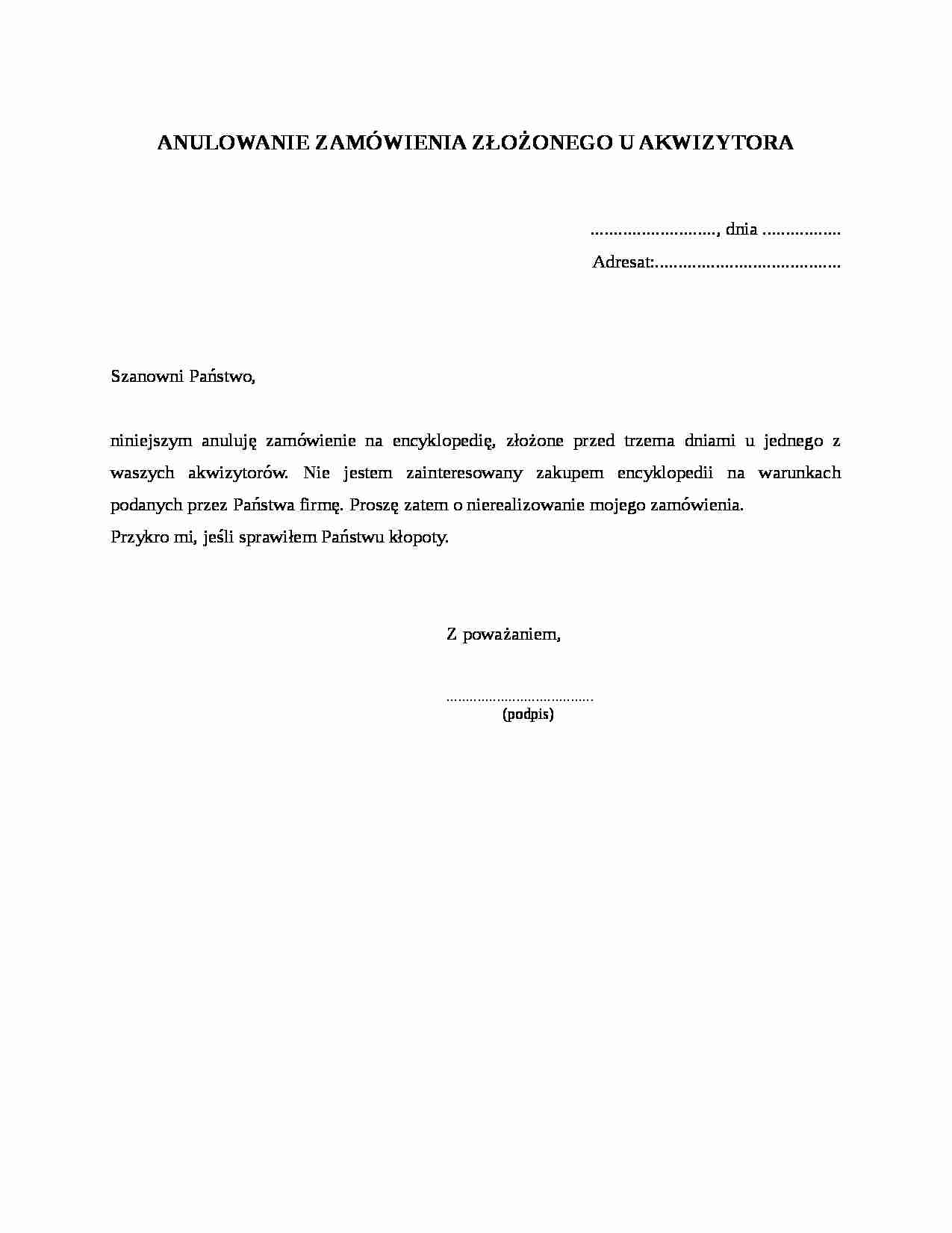 Anulowanie zamówienia złożonego u akwizytora - strona 1
