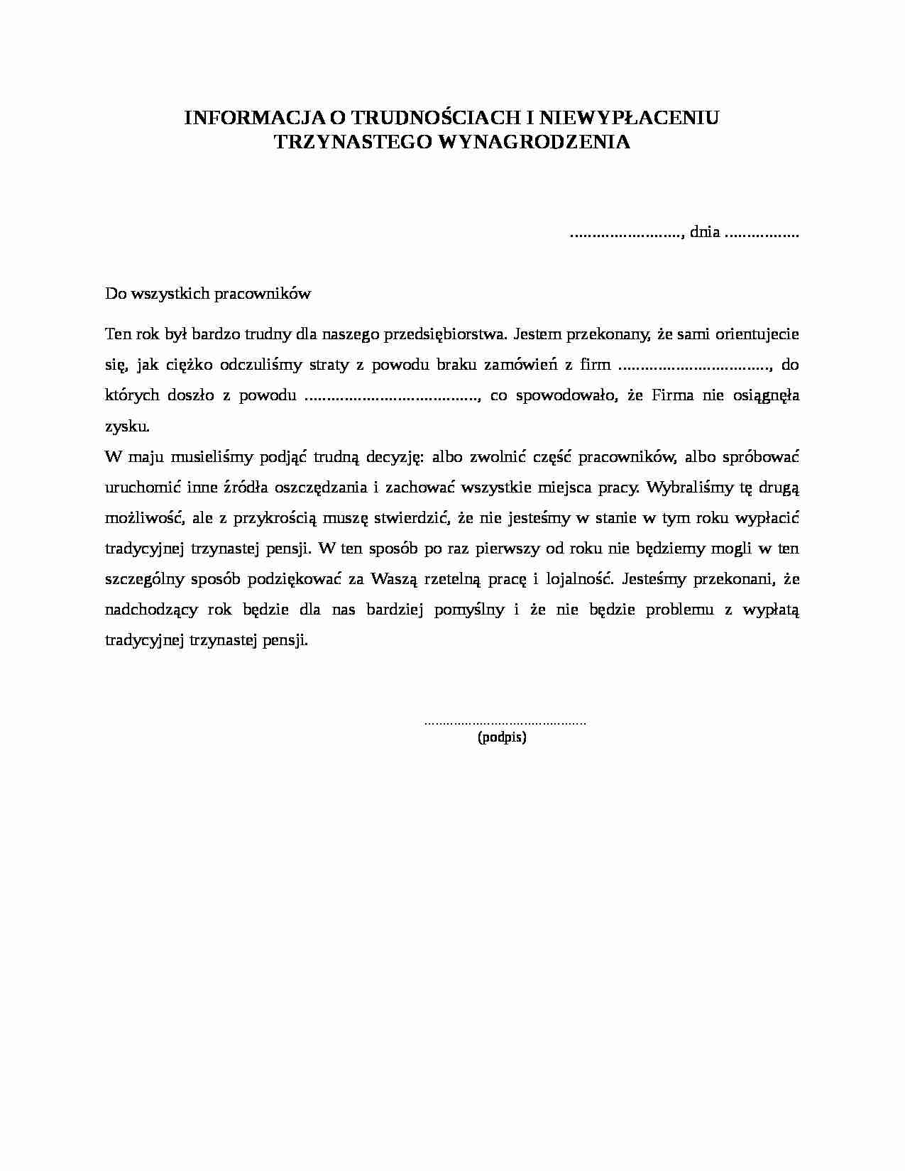 Informacja o nie wypłaceniu 13 wynagrodzenia - strona 1