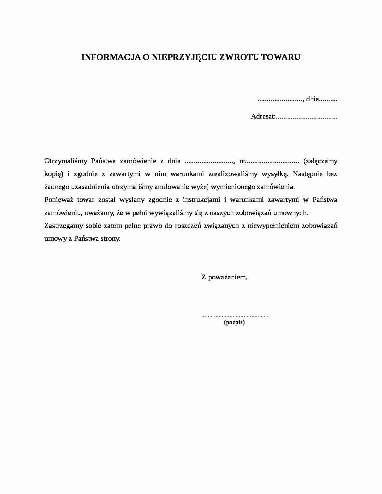 Informacja o nieprzyjęciu zwrotu towaru - strona 1