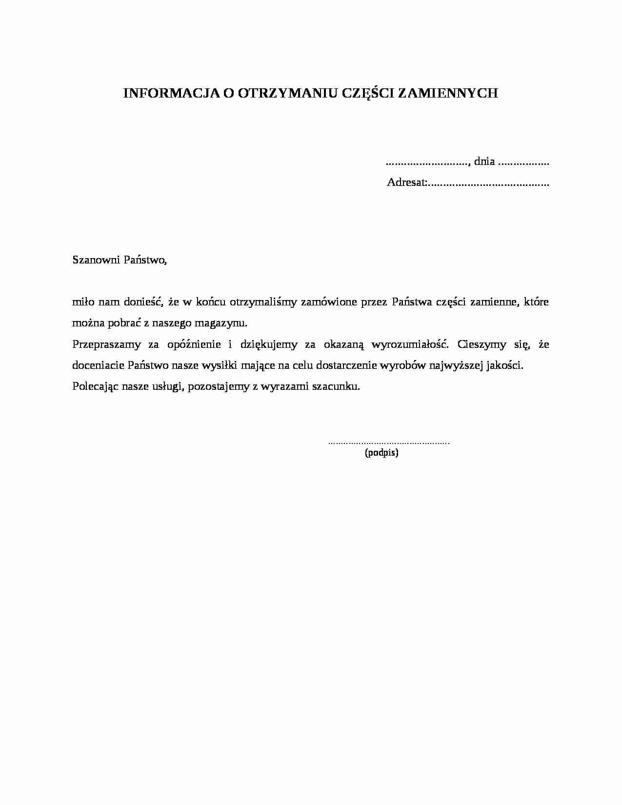 Informacja o otrzymaniu części zamiennych - strona 1