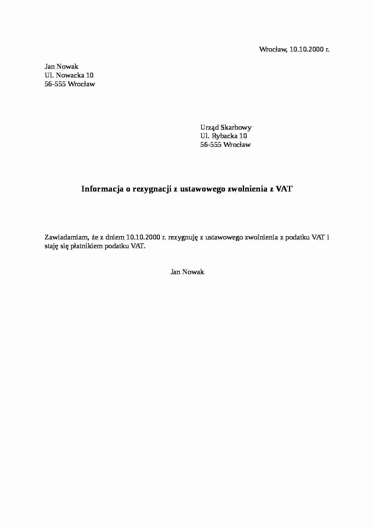 Informacja o rezygnacji z ustawowego zwolnienia z VAT - strona 1