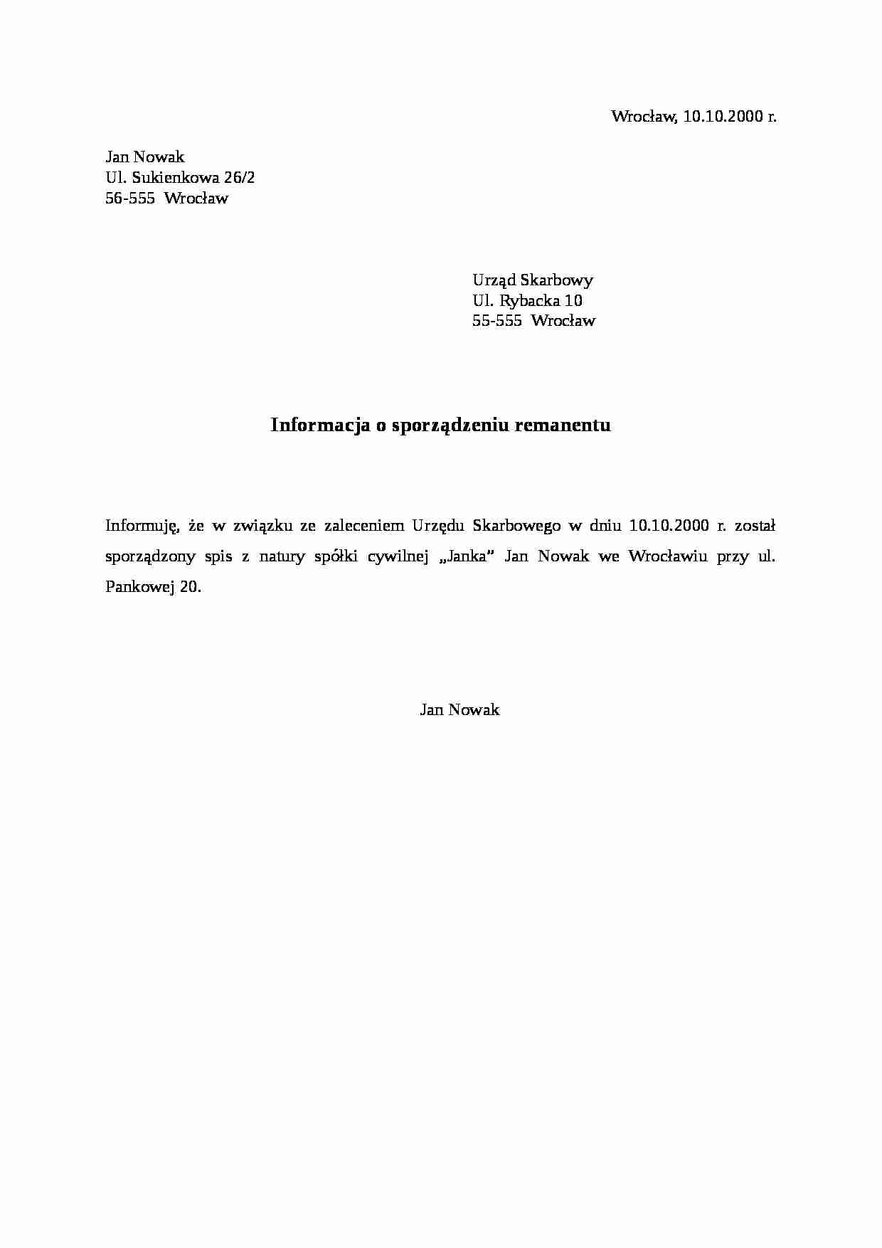 Informacja o sporządzeniu remanentu - strona 1