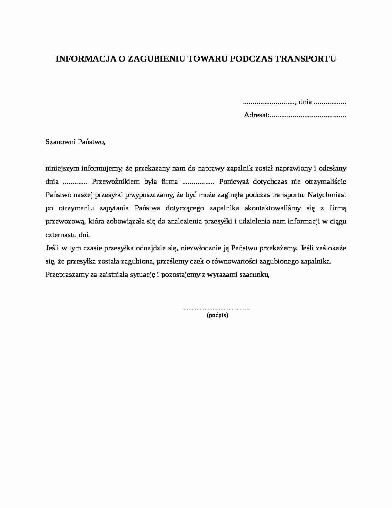 Informacja o zagubieniu towaru podczas transportu - strona 1