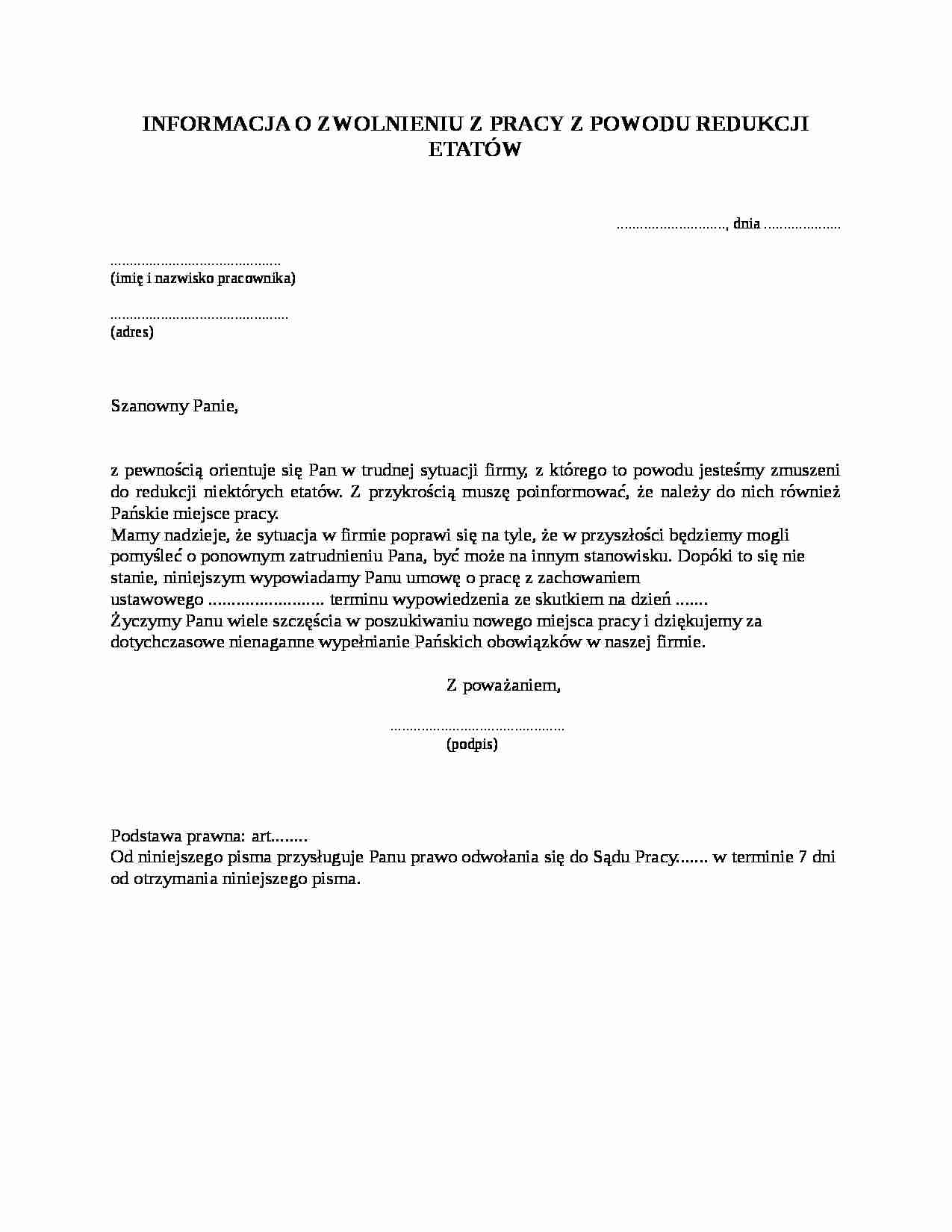 Informacje o zwolnieniu z pracy z powodu redukcji - strona 1