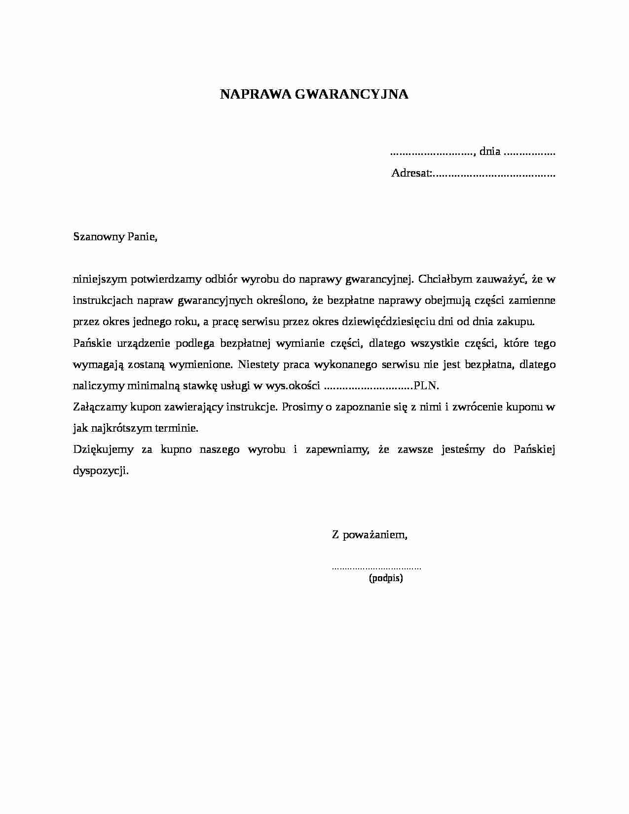 Wzór pisma-Naprawa gwarancyjna - strona 1