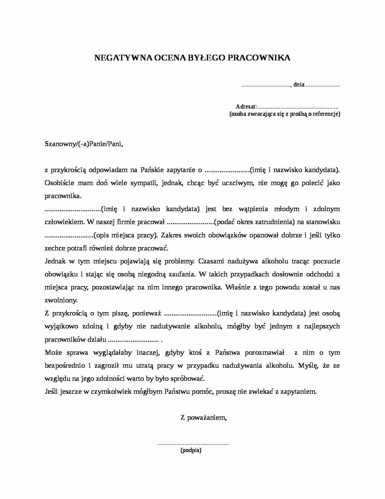 Wzór pisma-Negatywna ocena byłego pracownika - strona 1