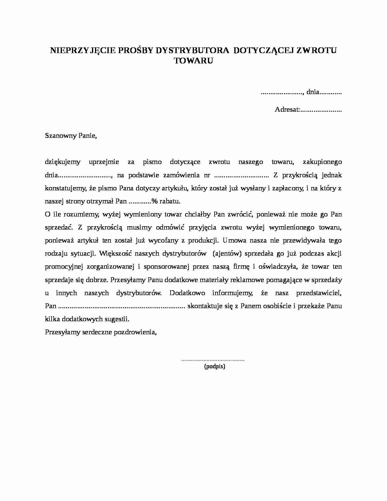 Nieprzyjęcie prośby dystrybutora dotyczącej zwrotu towaru - strona 1