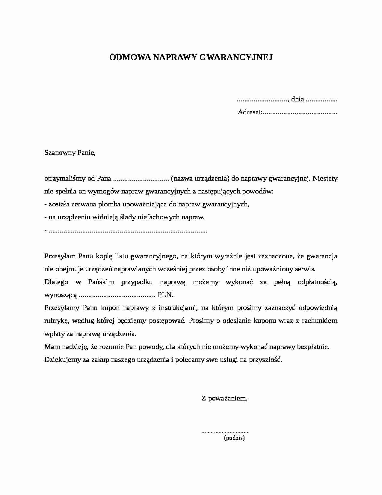 Wzór pisma-Odmowa naprawy gwarancyjnej - strona 1