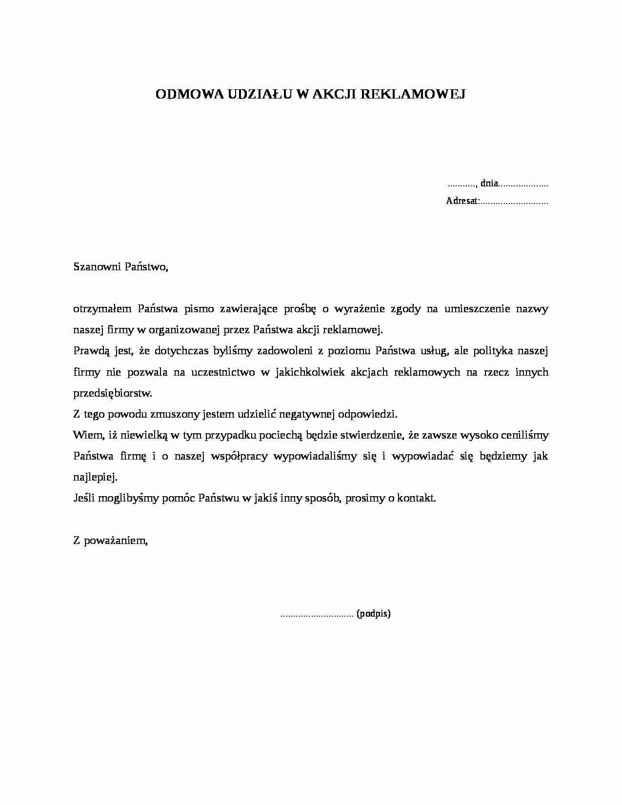 Wzór pisma-Odmowa udziału w akcji reklamowej - strona 1