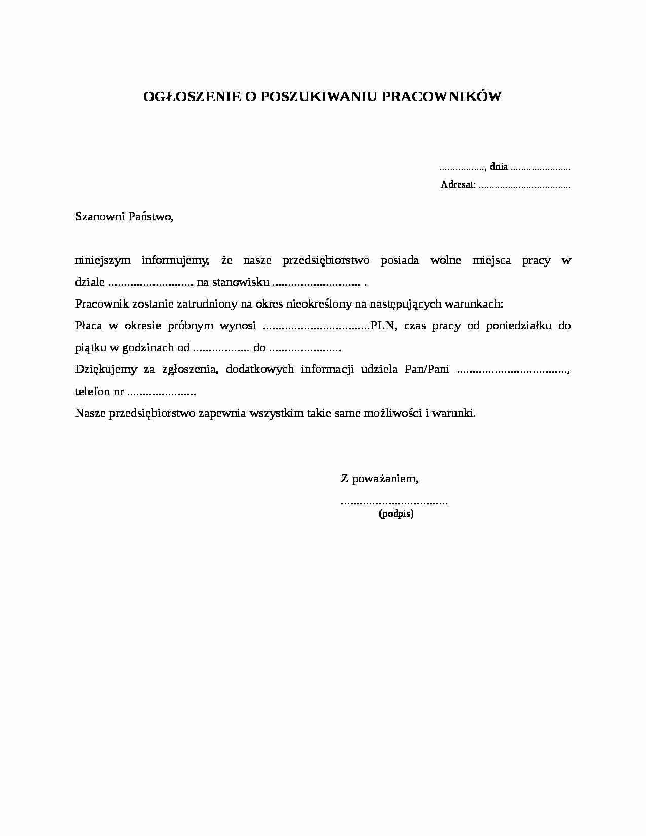 Wzór pisma-Ogłoszenie o poszukiwaniu pracowników - strona 1