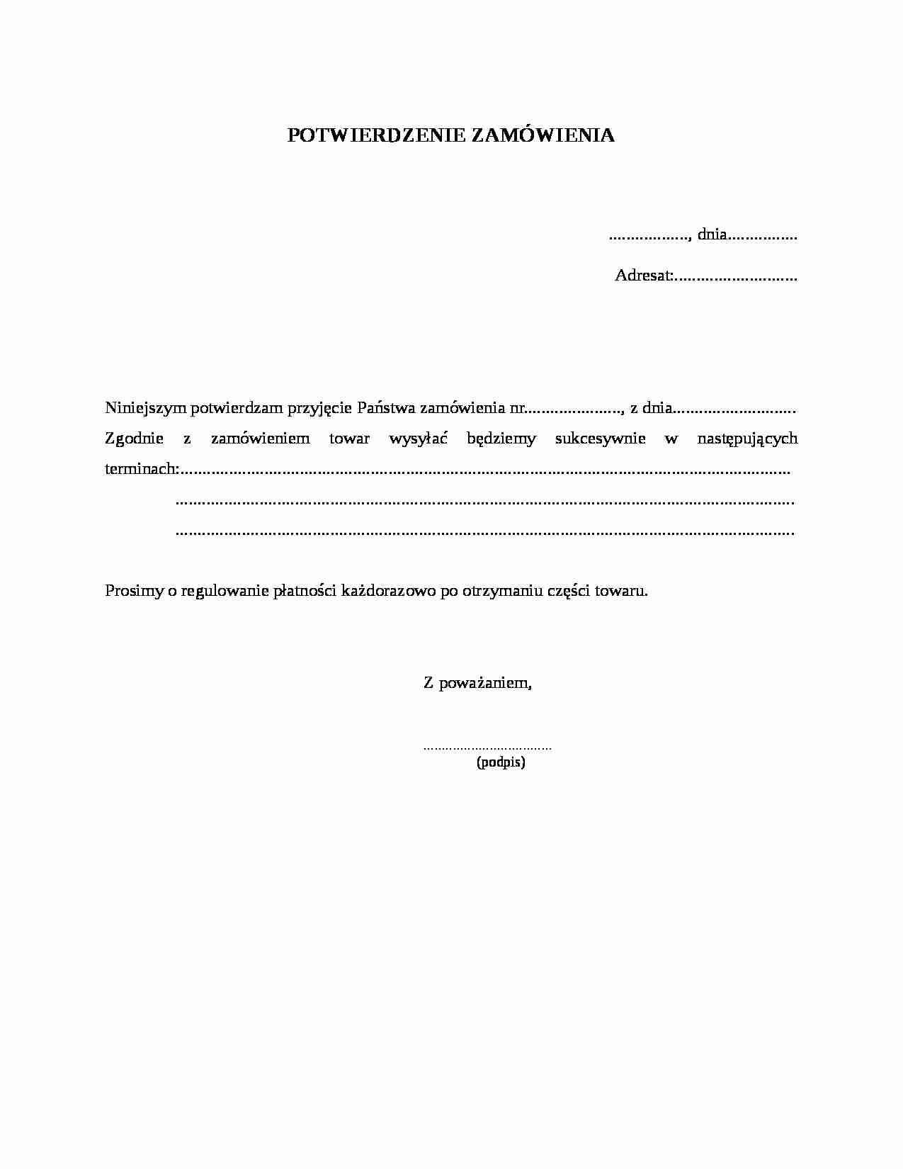 Wzór pisma-Potwierdzenie zamówienia - strona 1