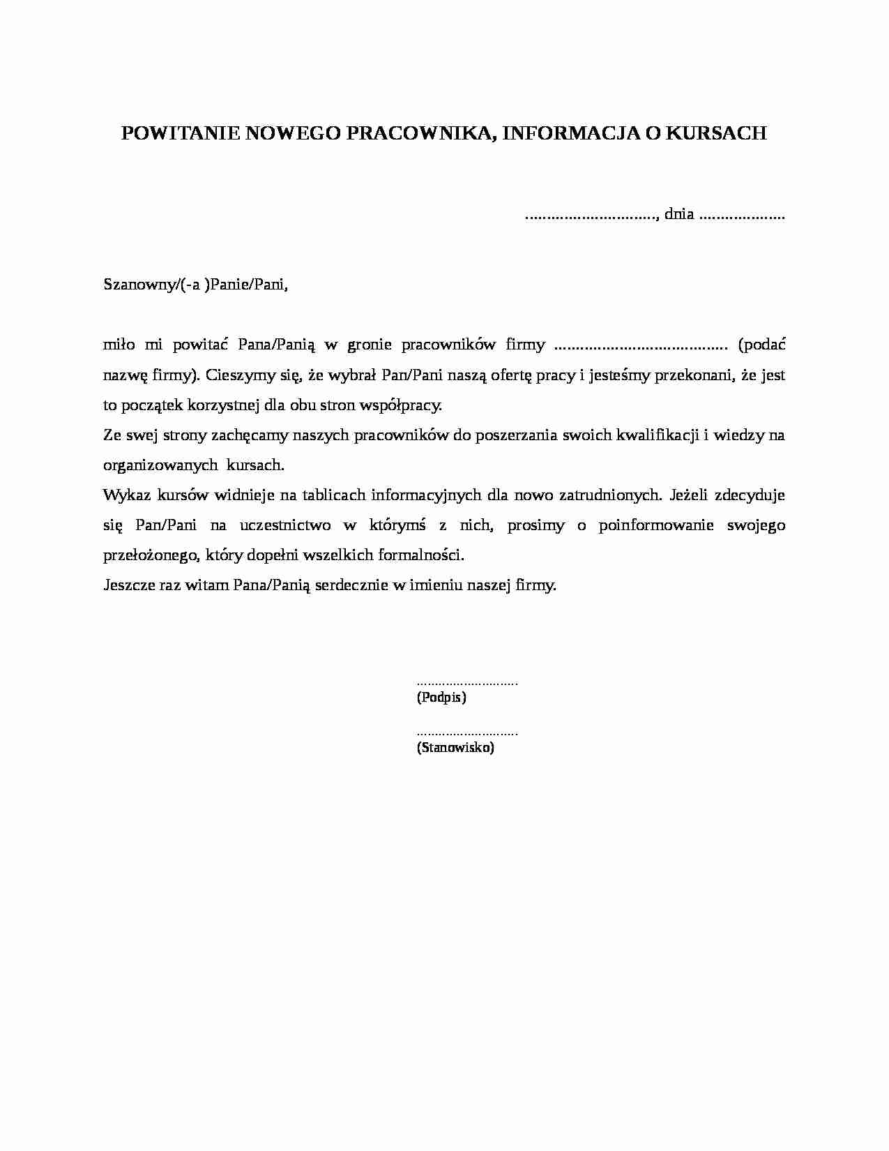 Powitanie nowego pracownika, informacja o kursach - strona 1