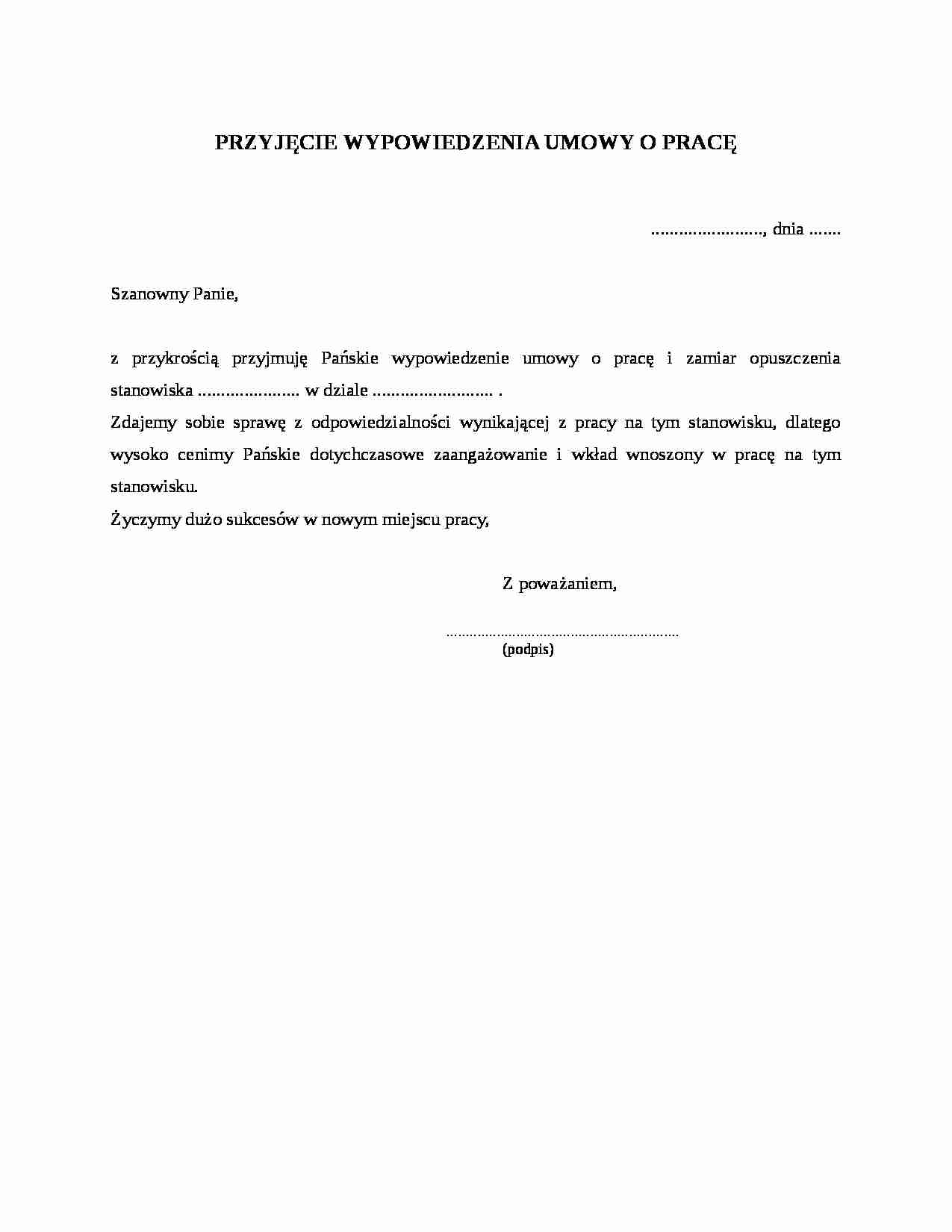Przyjęcie wypowiedzenia umowy o pracę - strona 1