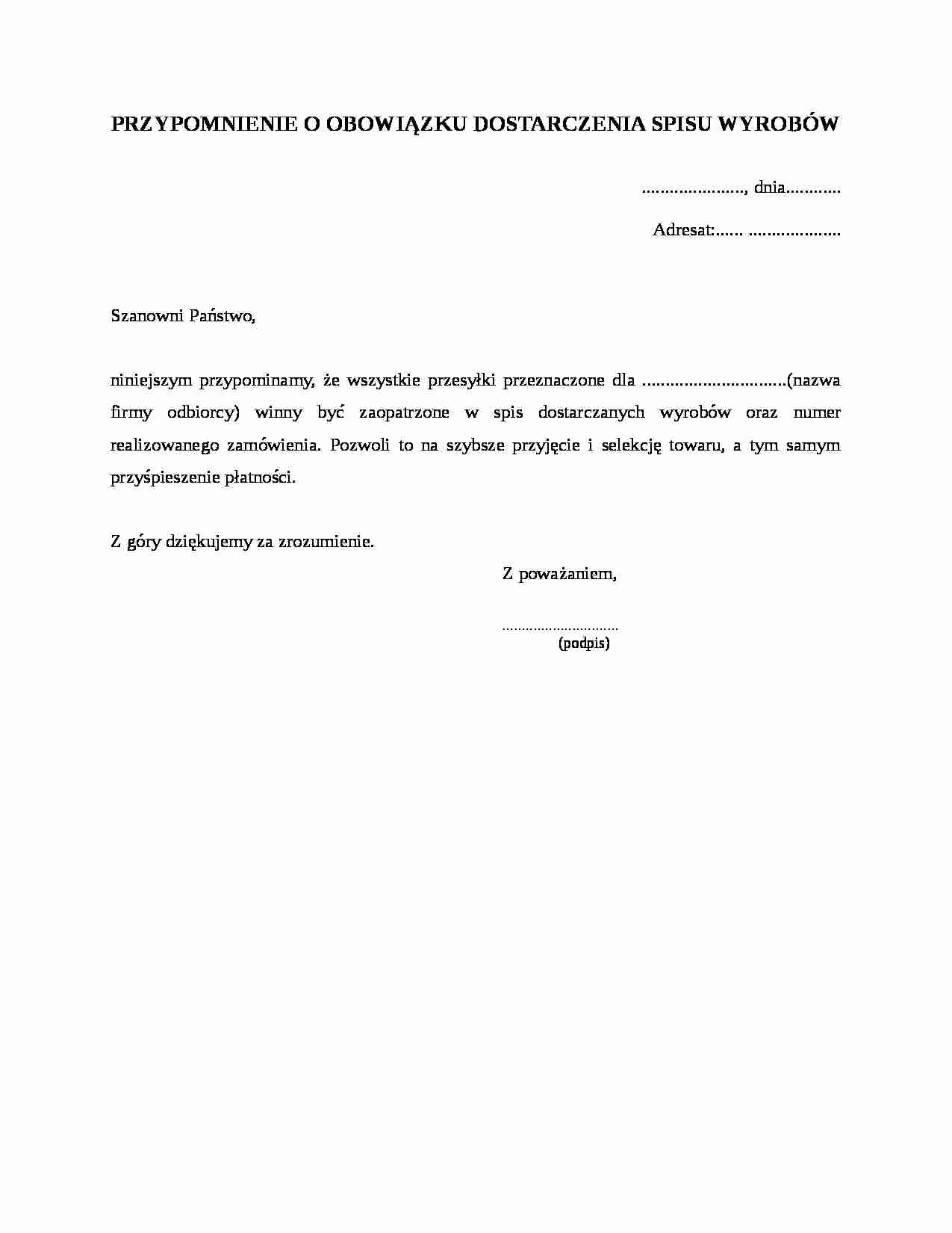 Przypomnienie o obowiązku dostarczenia spisu wyrobów - strona 1