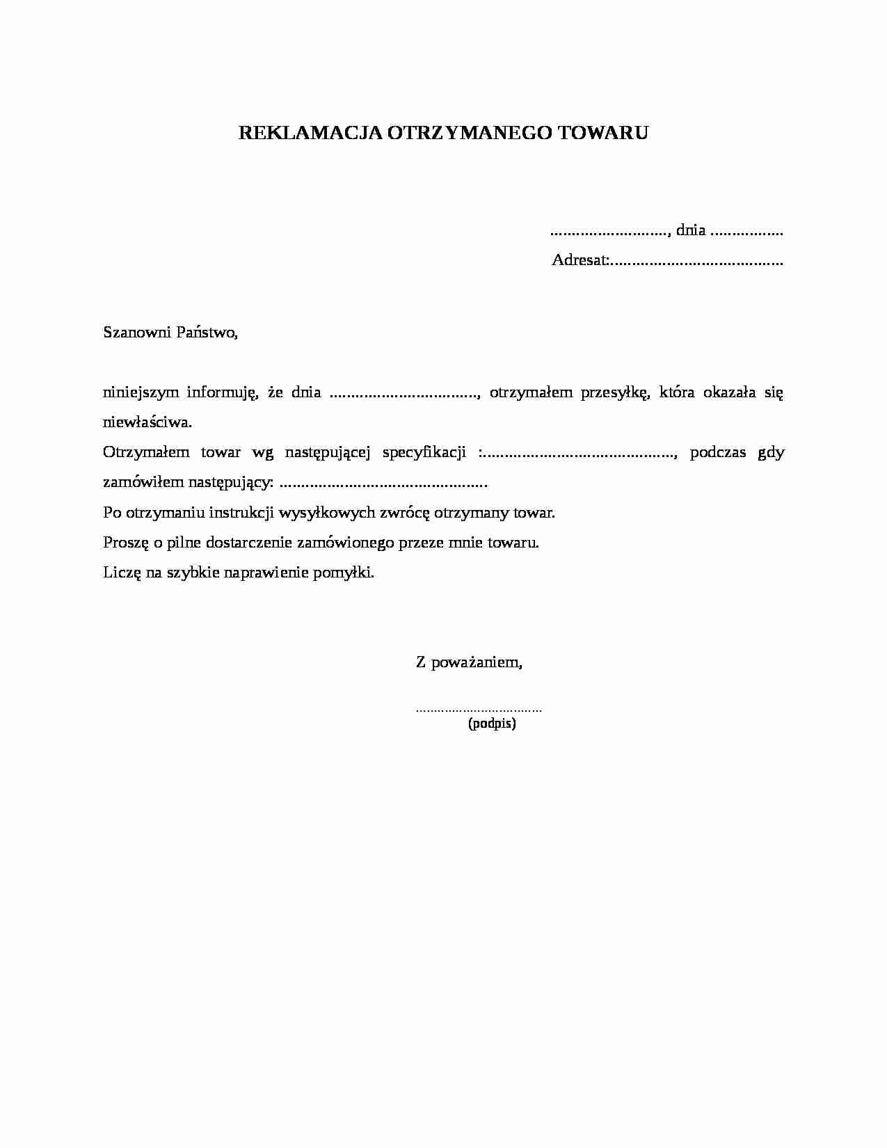 Reklamacja otrzymanego towaru - strona 1