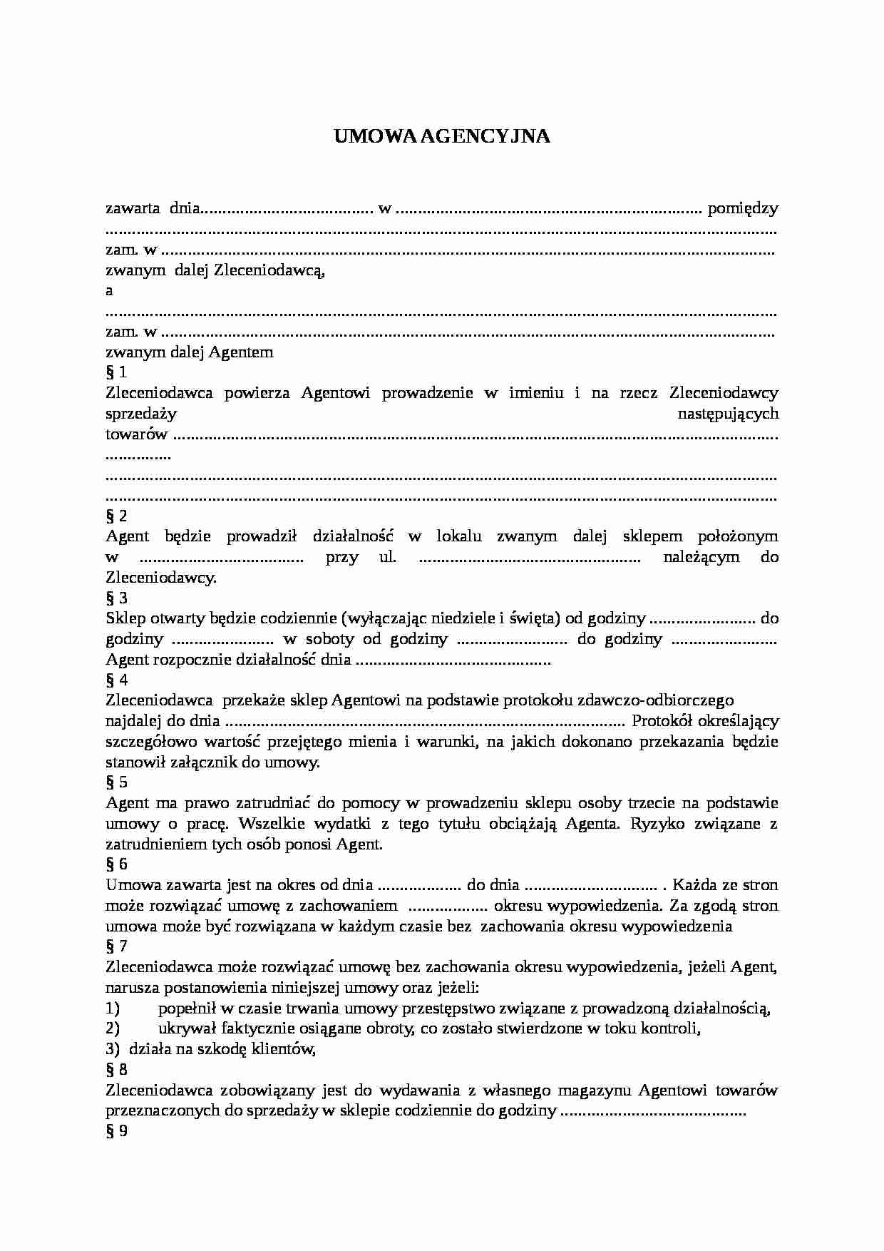 Wzór pisma-Umowa agencyjna - strona 1