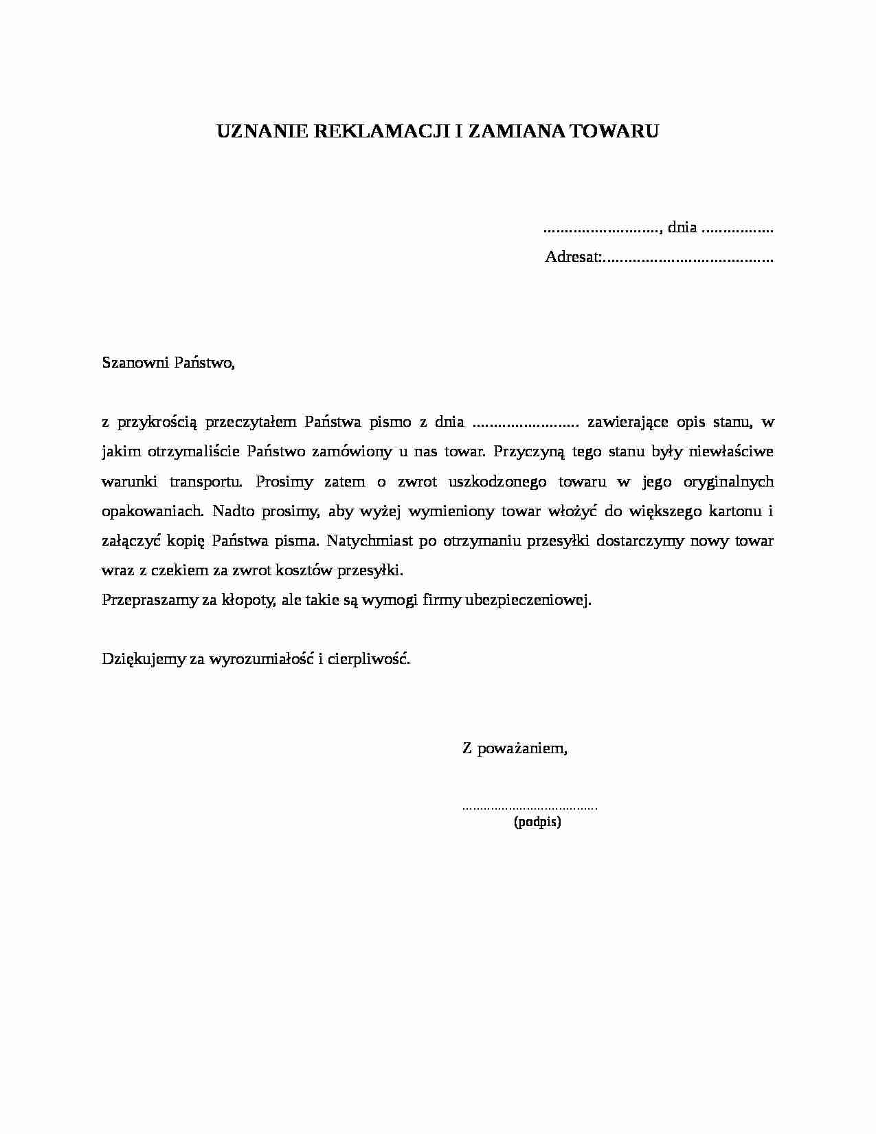 Uznanie reklamacji i zamiana towaru - strona 1