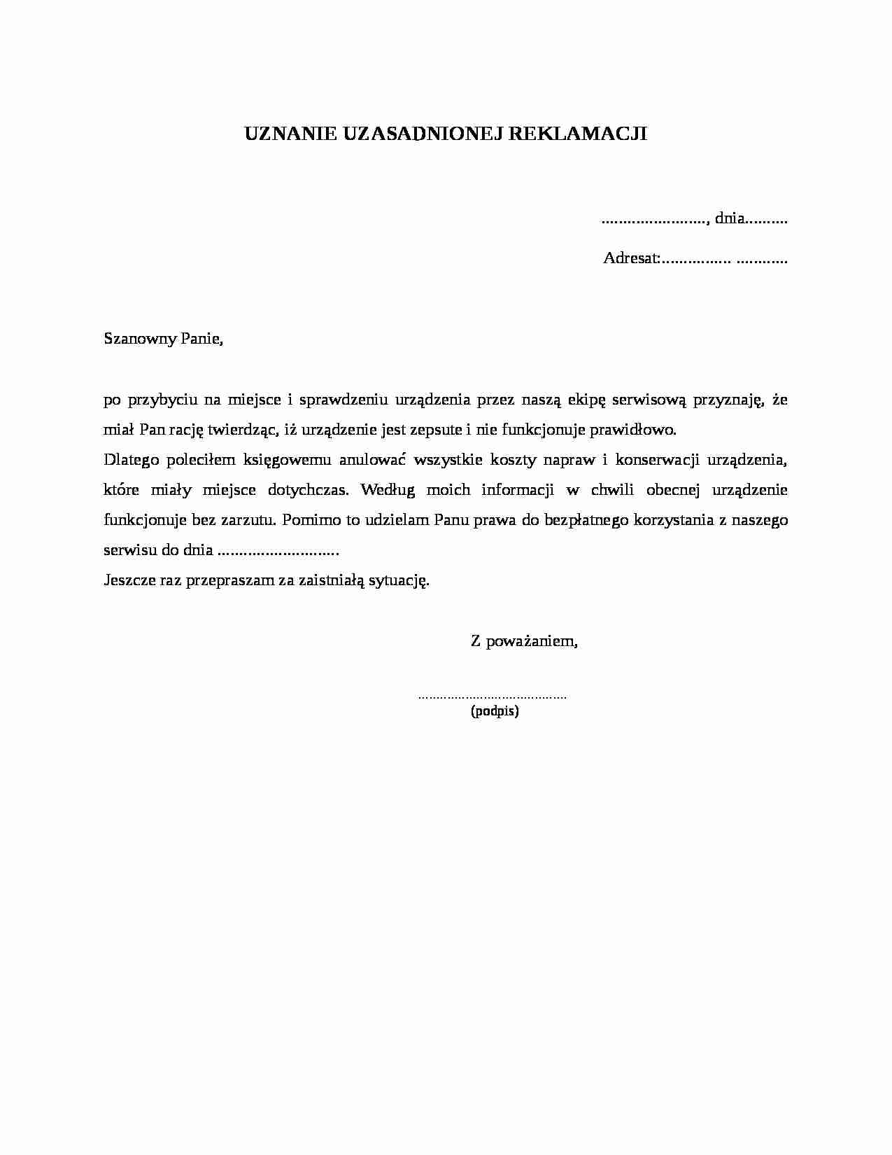 Uznanie uzasadnionej reklamacji - strona 1