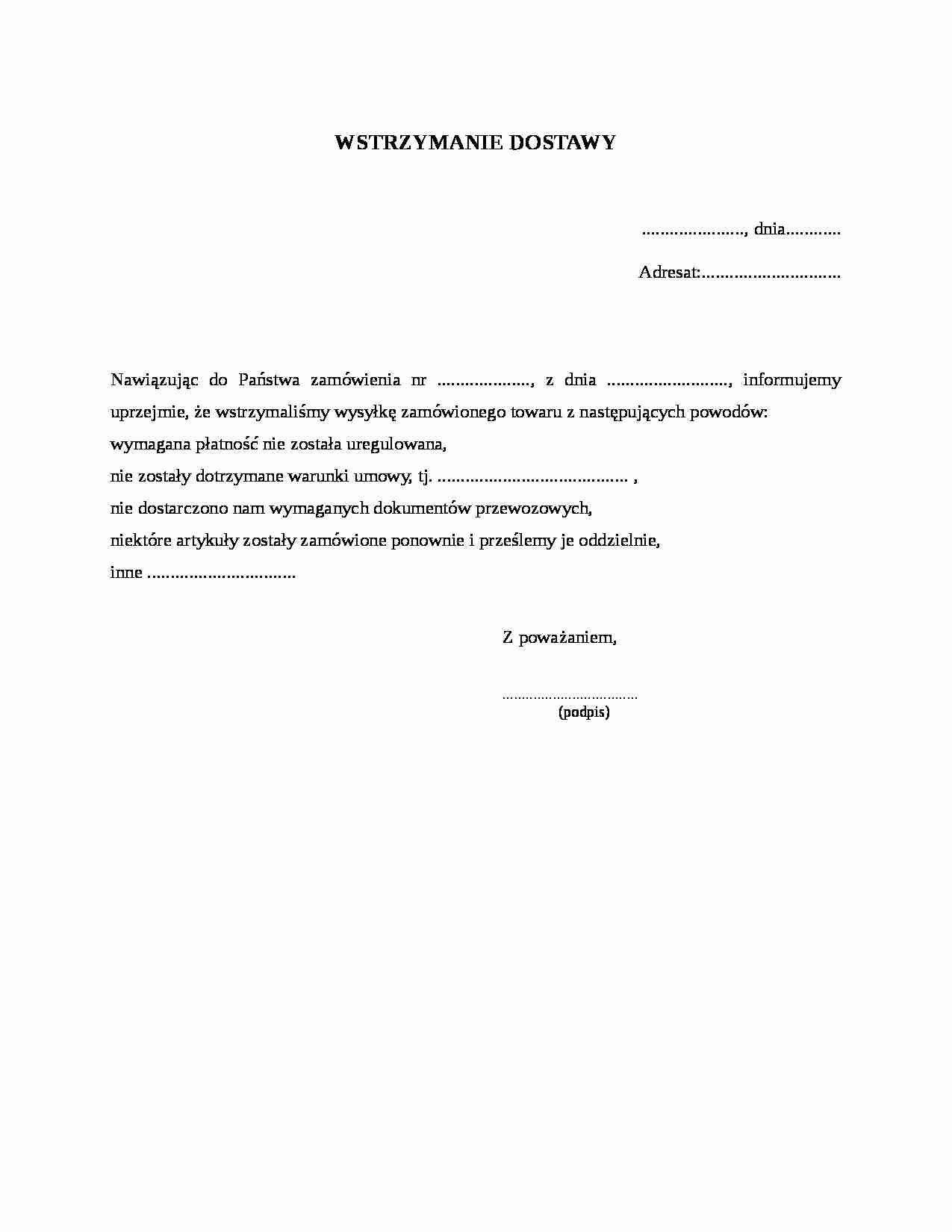 Wzór pisma-Wstrzymanie dostawy - strona 1