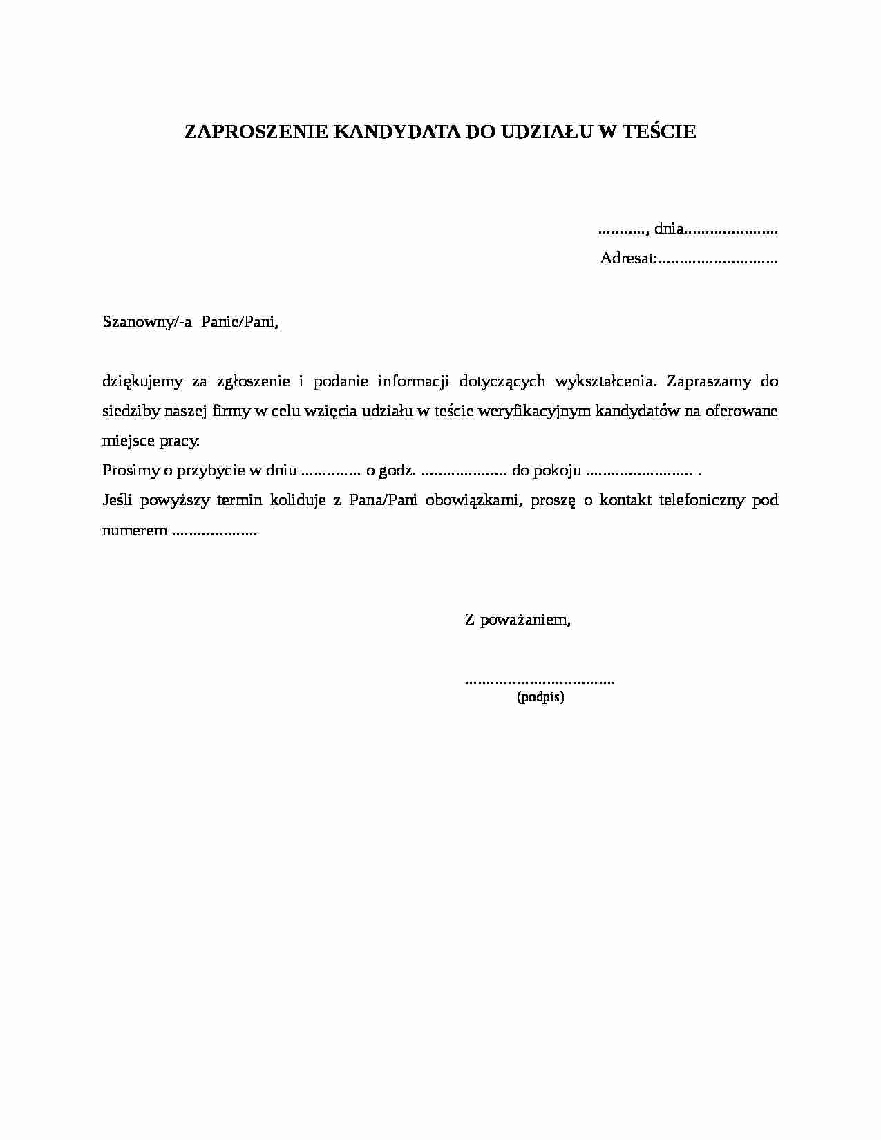 Zaproszenie kandydata do udziału w teście - strona 1