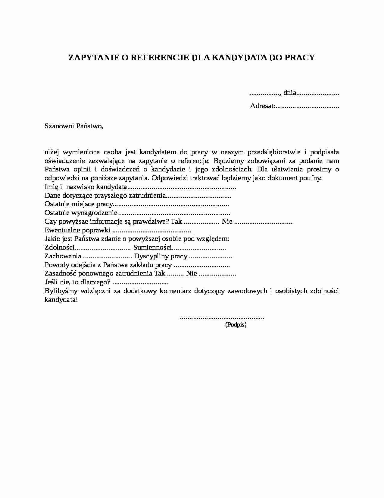 Zapytanie o referencje dla kandydata do pracy - strona 1