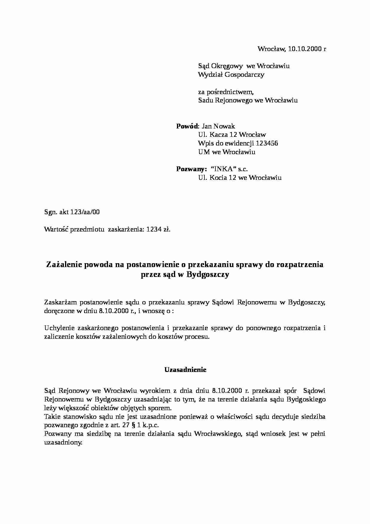 Zażalenie powoda na postanowienie o przekazaniu sprawy do rozpatrzenia - strona 1