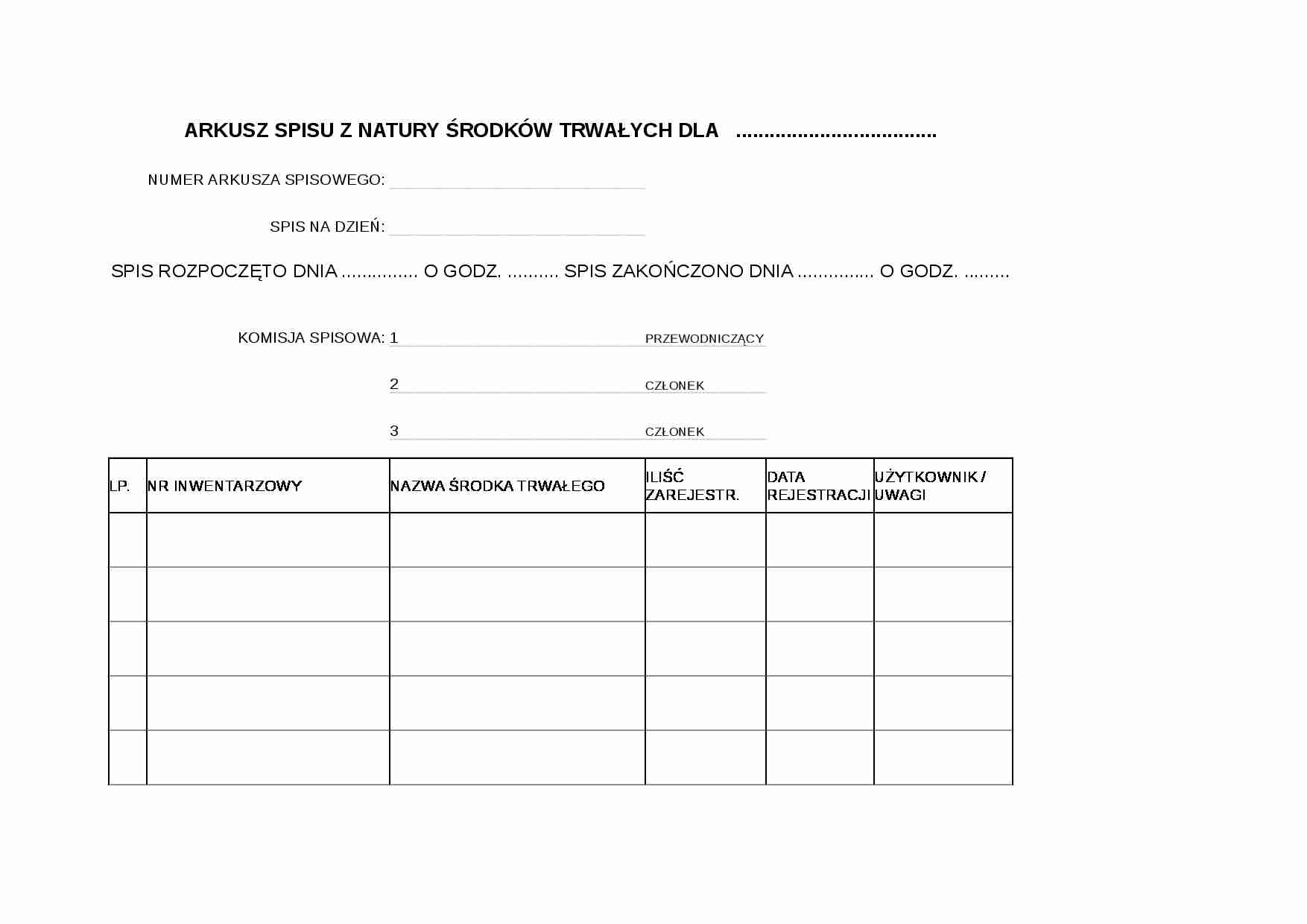 Arkusz spisu z natury środków trwałych - strona 1