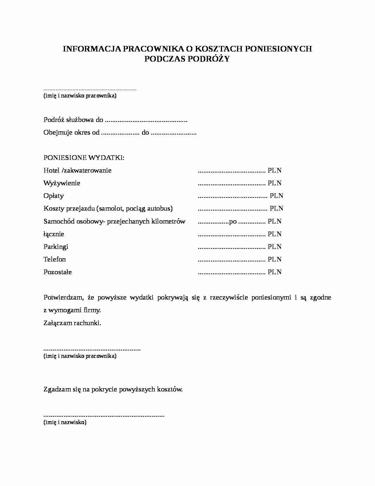 Informacja pracownika o kosztach poniesionych podczas podróży - strona 1