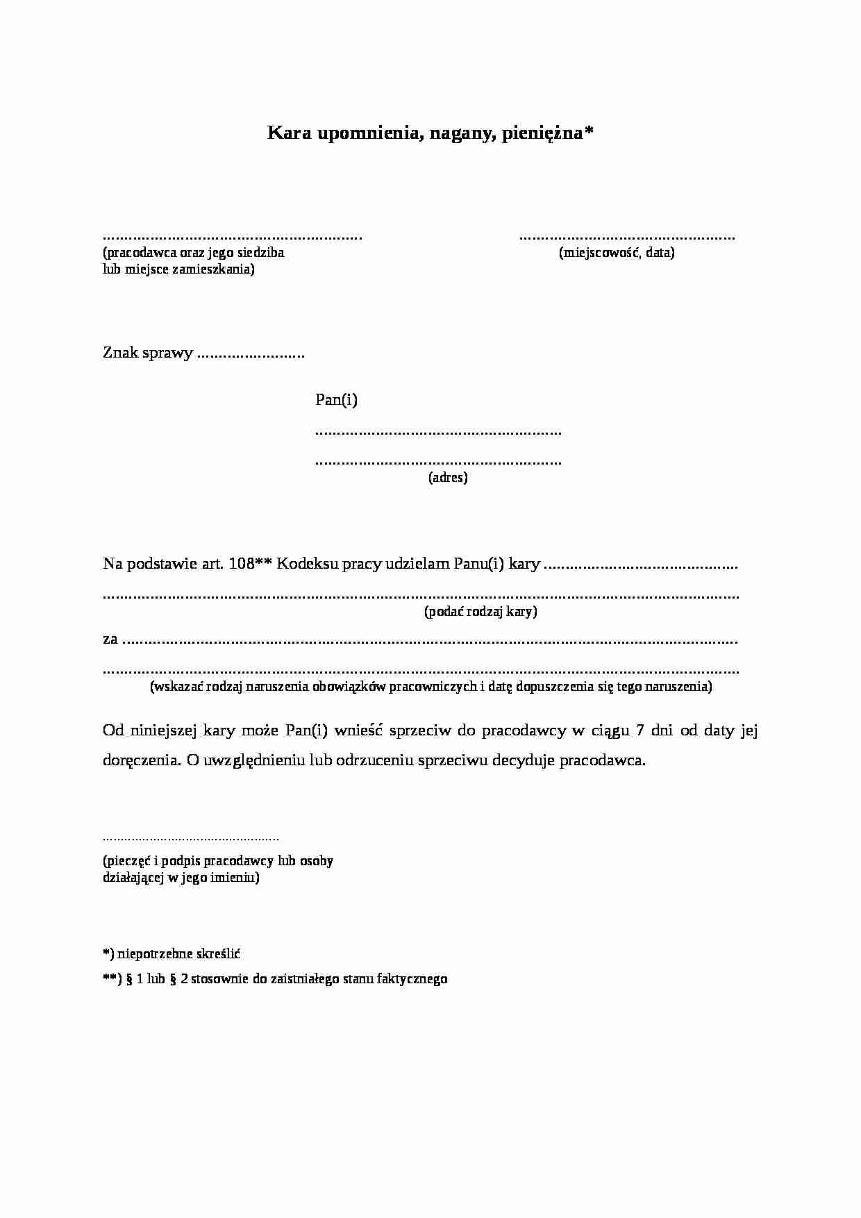 Kara upomnienia, nagany, pieniężna - strona 1