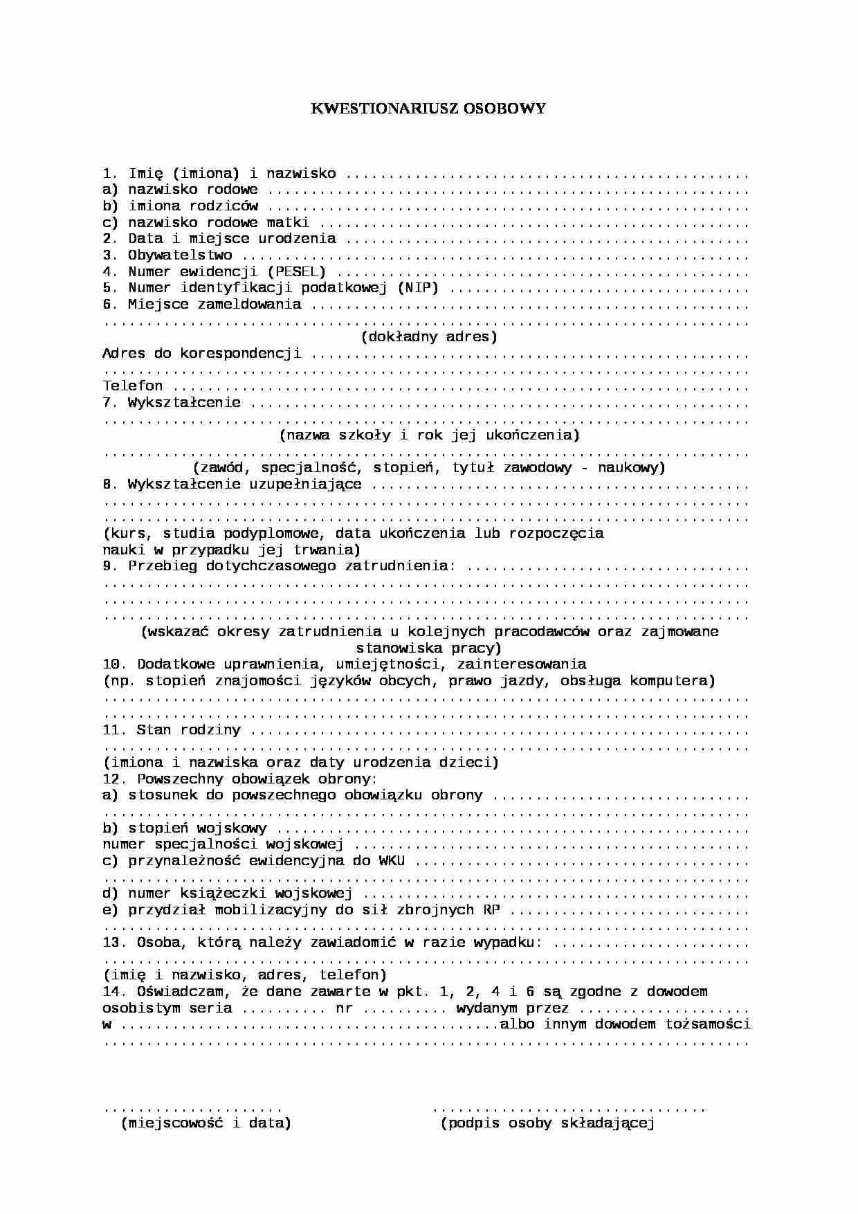 Wzór umowy-Kwestionariusz osobowy - strona 1