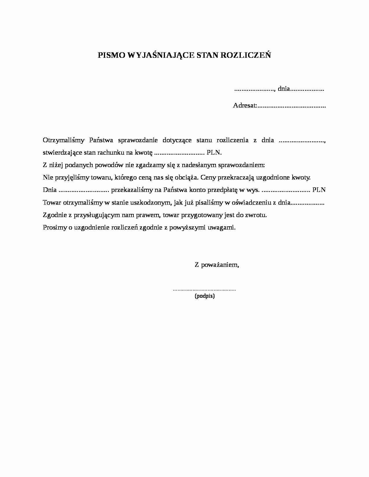 Pismo wyjaśniające stan rozliczeń - strona 1