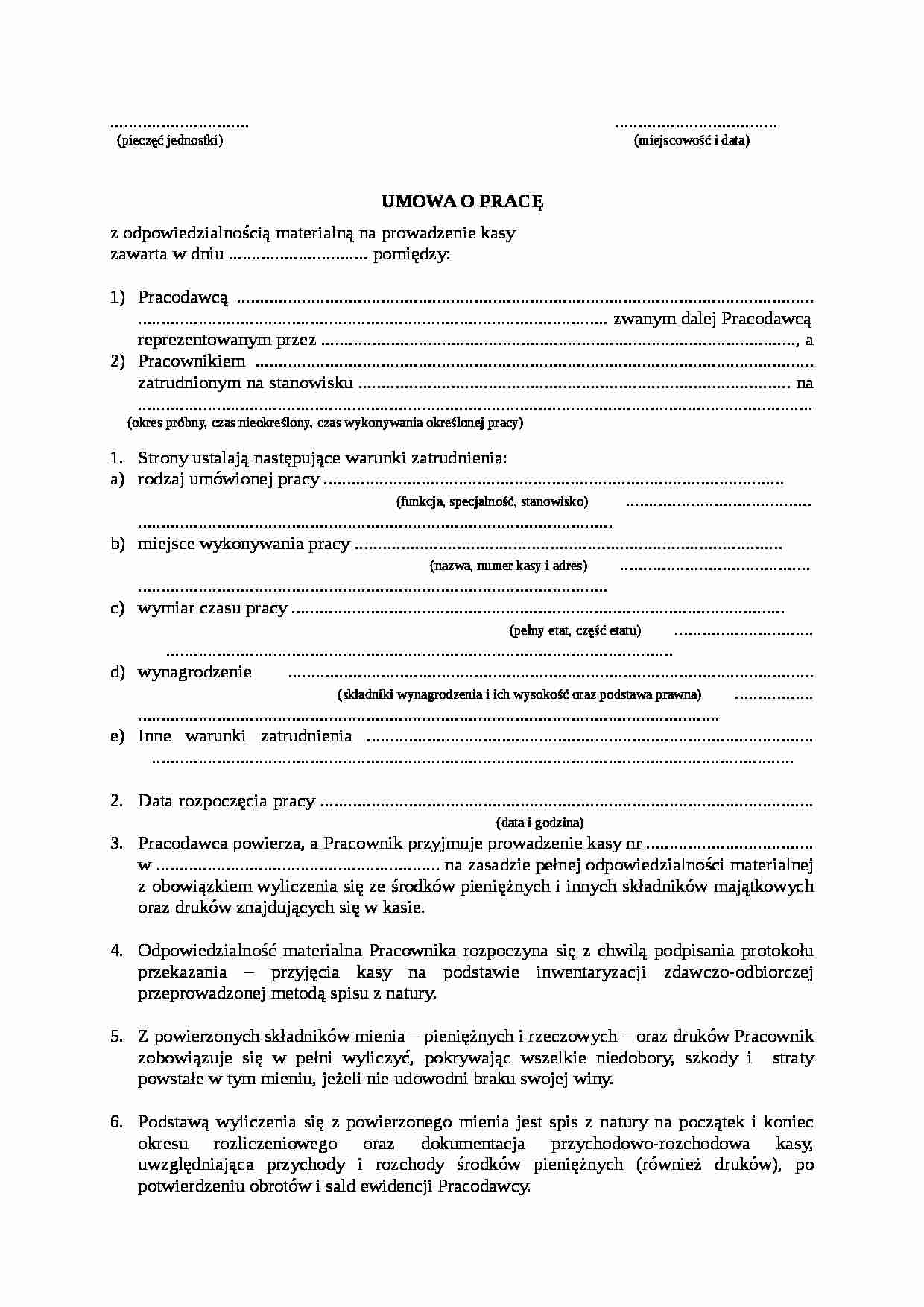 Umowa o pracę z odpowiedzialnością materialną - strona 1