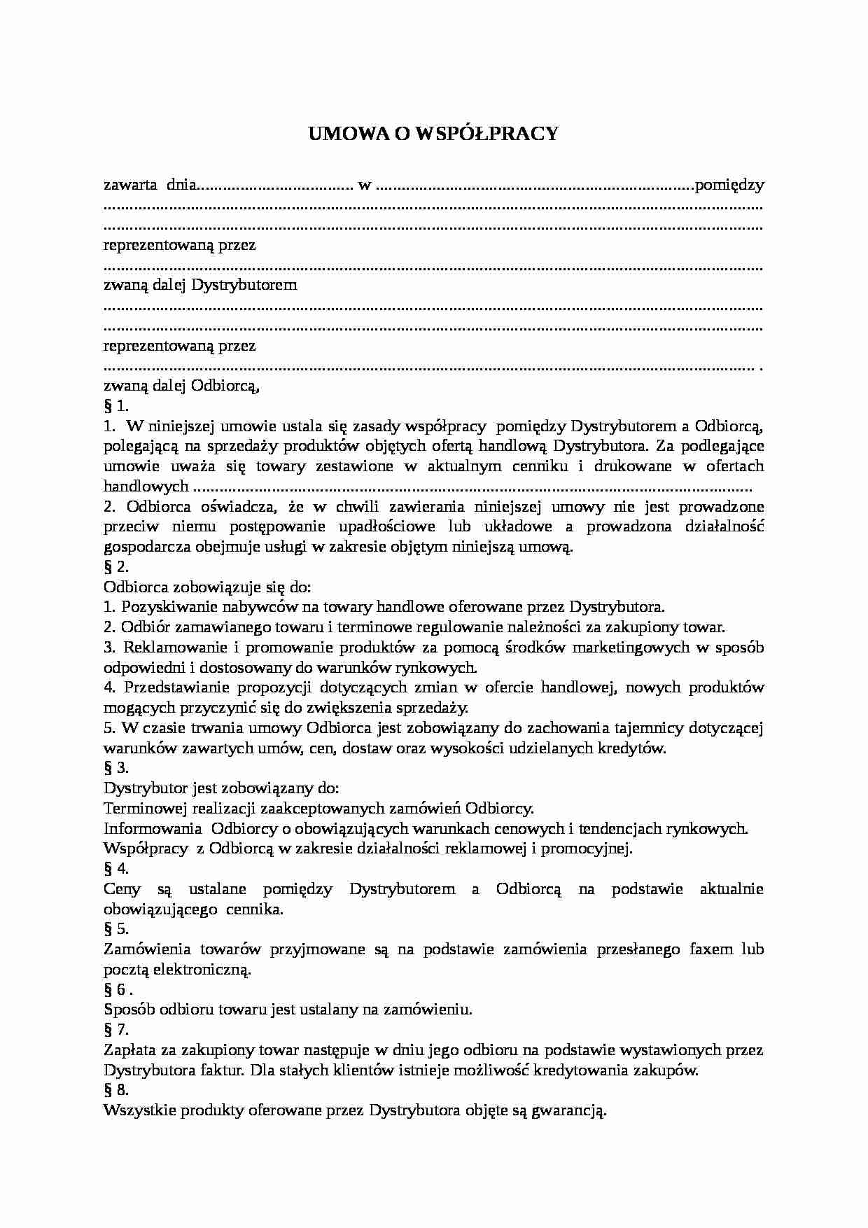 Wzór umowy-umowa o współpracy - strona 1