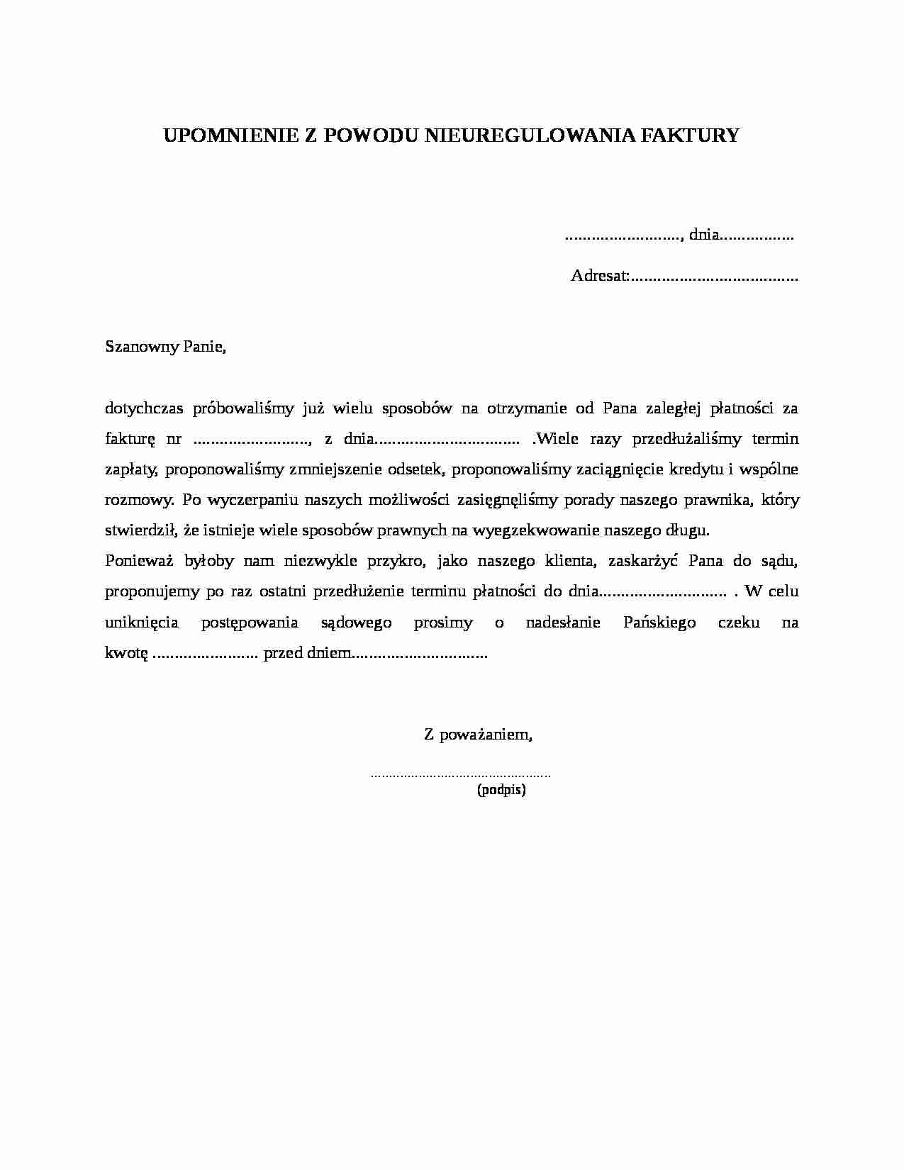 Upomnienie z powodu nieuregulowania faktury - strona 1