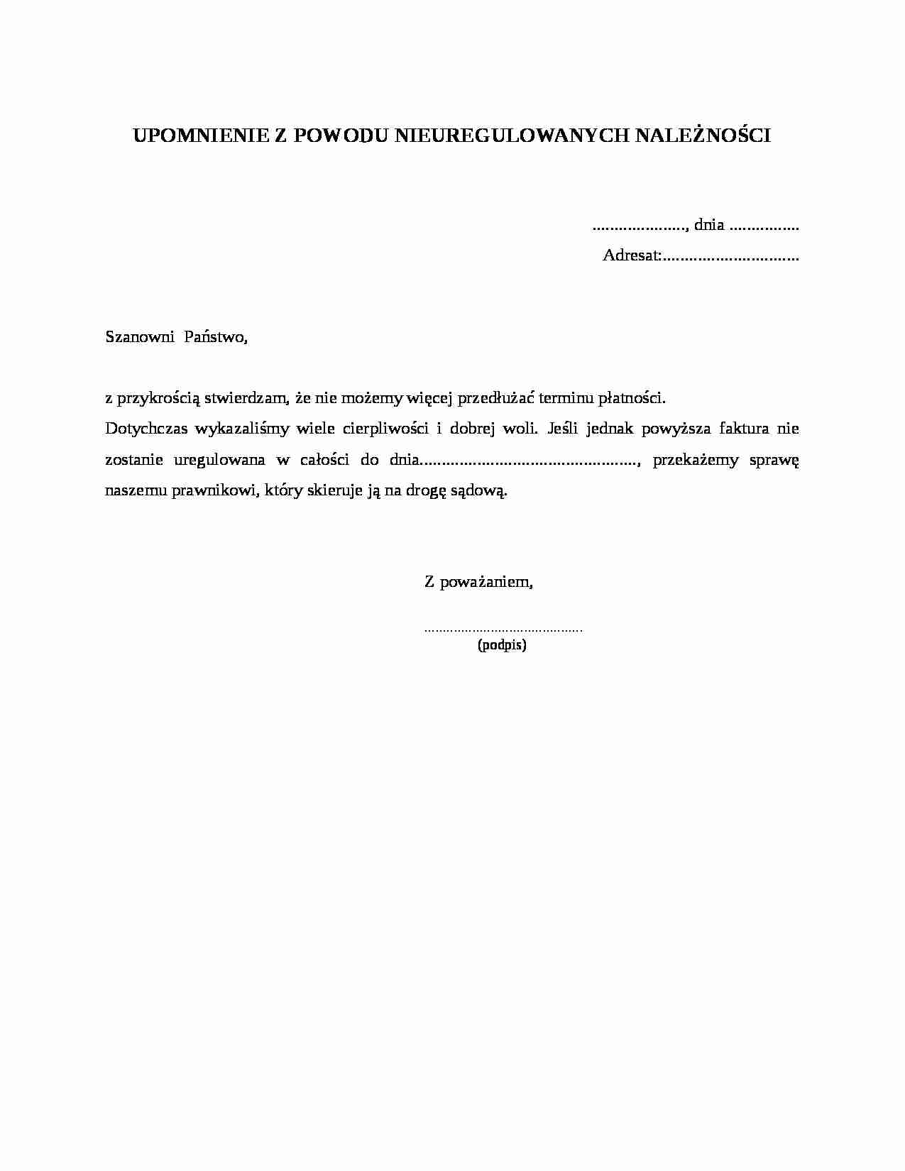 Upomnienie z powodu nieuregulowanych należności - strona 1