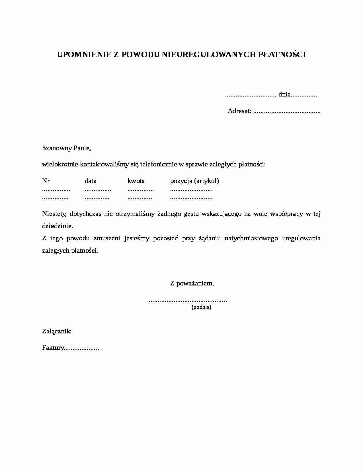 Upomnienie z powodu nueuregulowanych płatności - strona 1