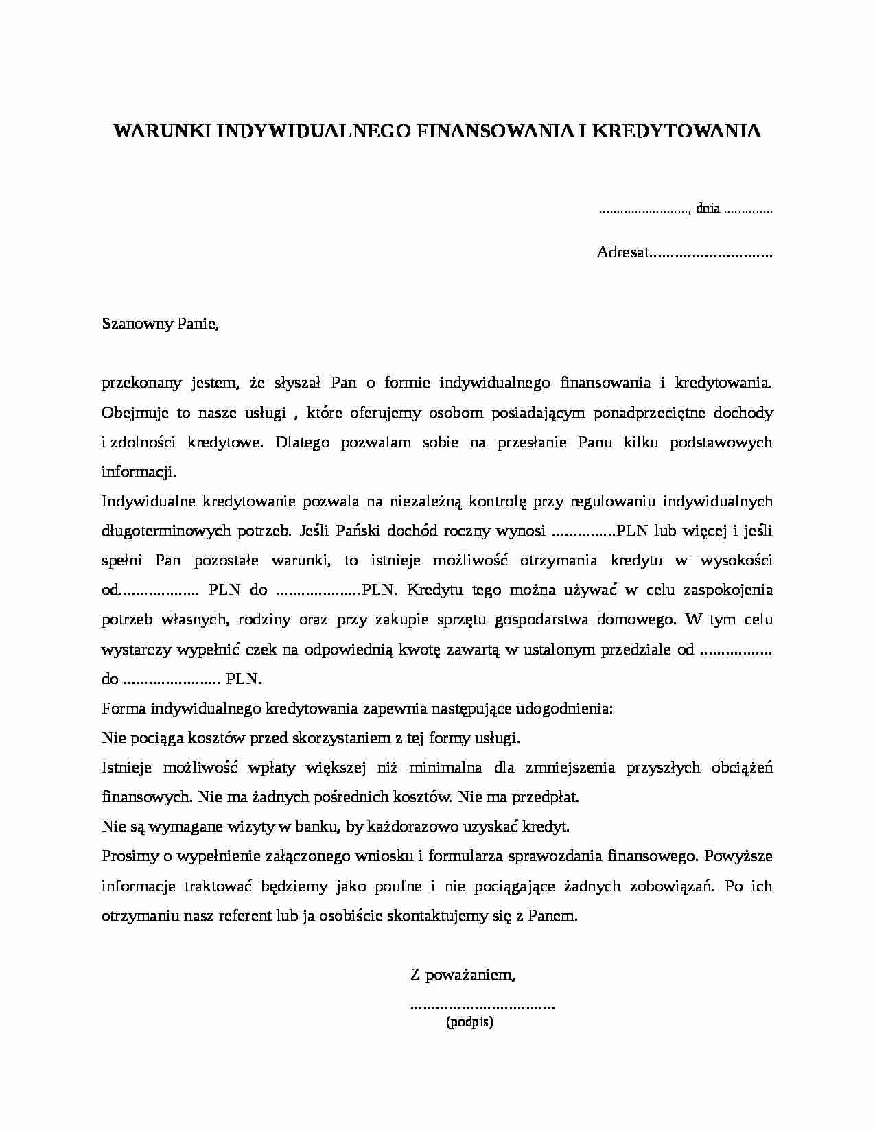 Warunki indywidualnego finansowania i kredytowania - strona 1