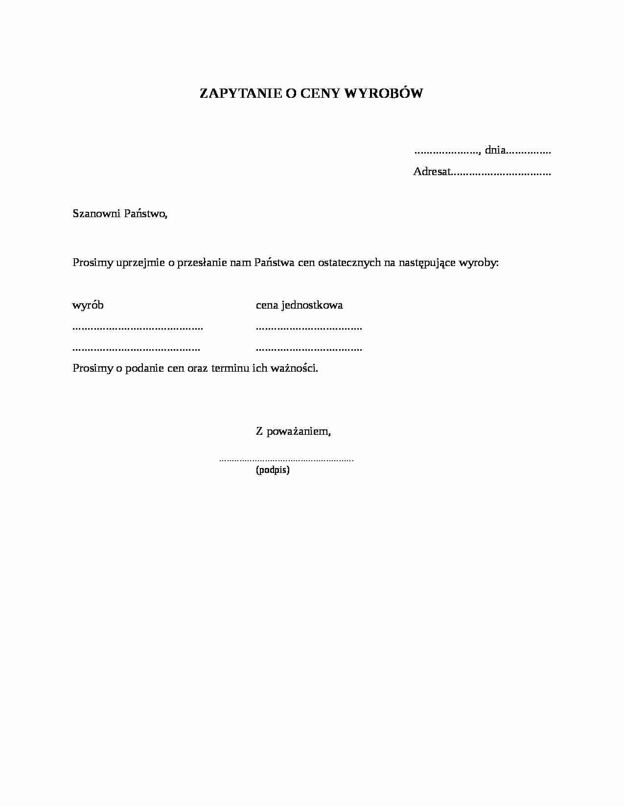 Wzór umowy-Zapytanie o ceny wyrobów - strona 1