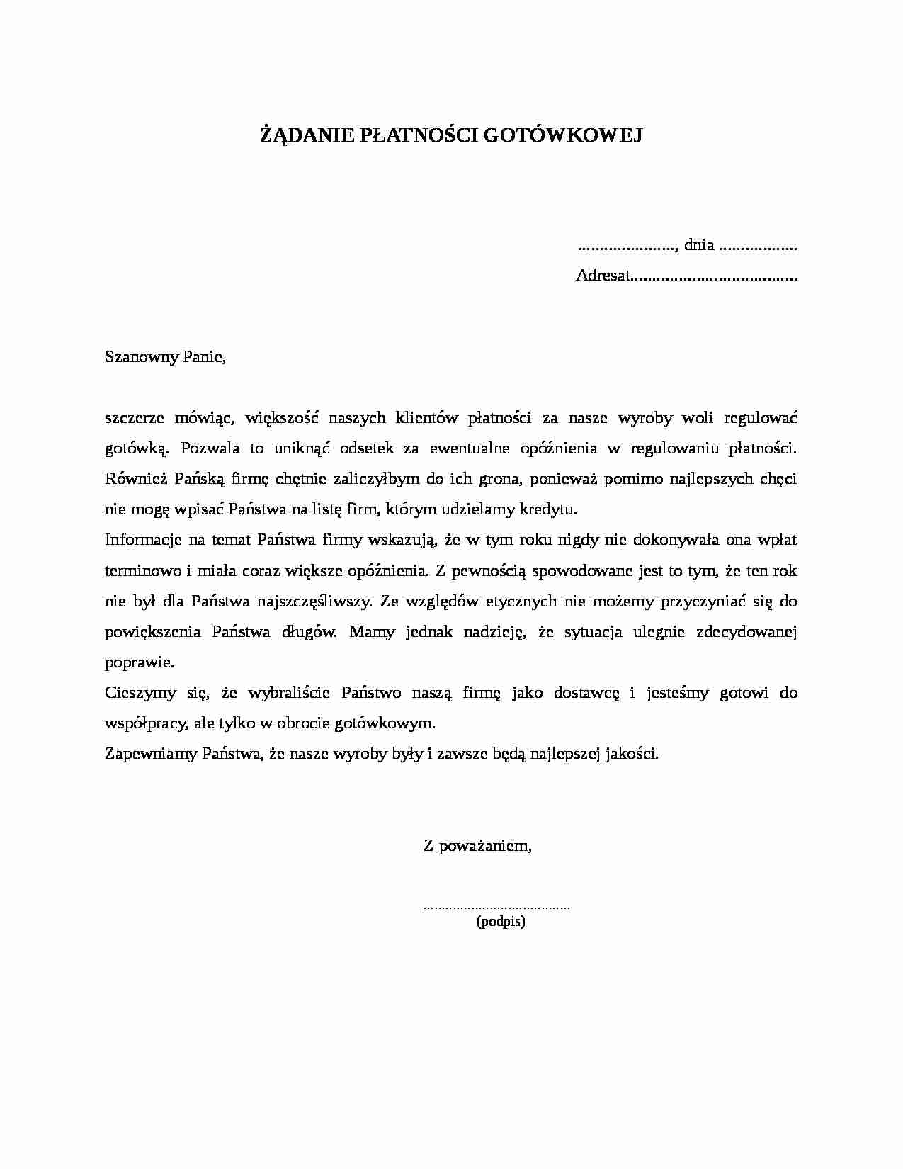 Żądanie płatności gotówkowej - strona 1