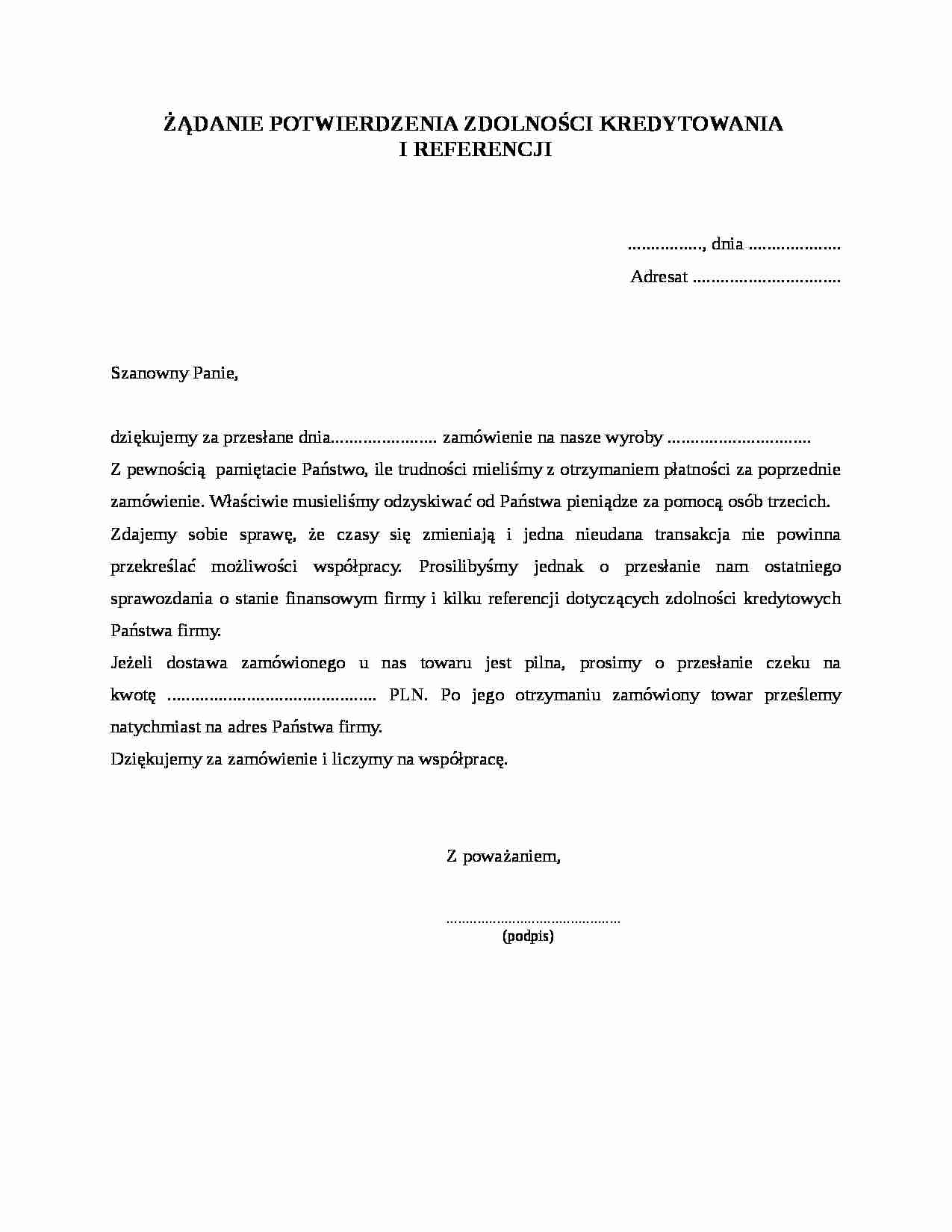 Żądanie potwierdzenia zdolności kredytowania i referencji - strona 1