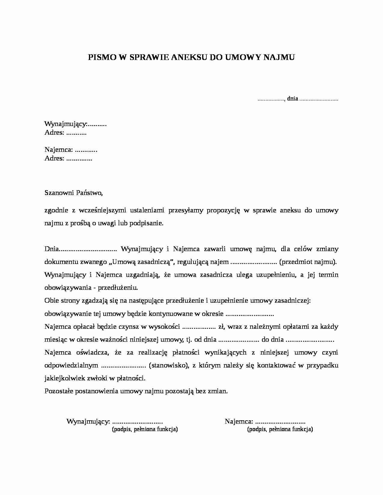 Pismo w sprawie aneksu do umowy najmu - strona 1
