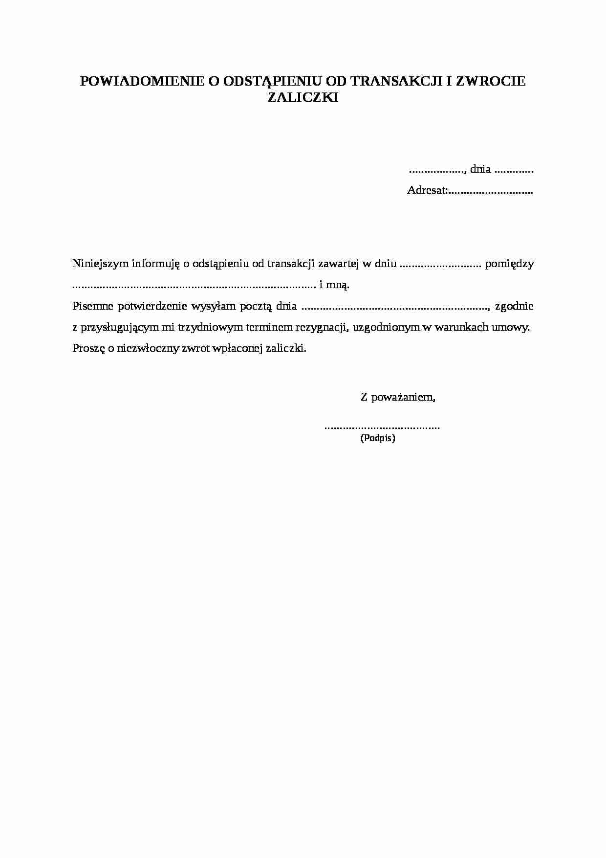 Powiadomienie o odstąpieniu od transakcji - strona 1