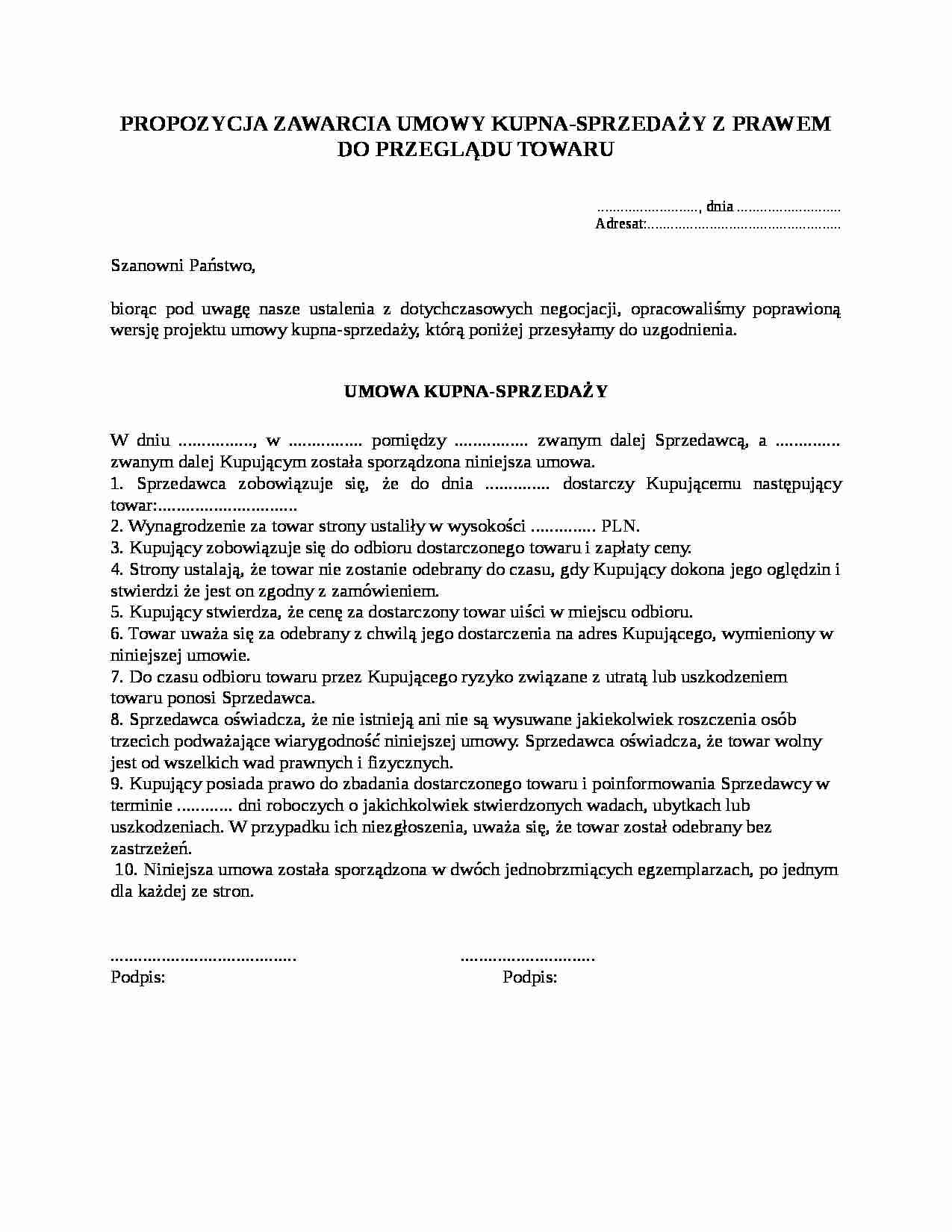 Propozycja zawarcia umowy kupna-sprzedaży z prawem do przegladu towaru - strona 1